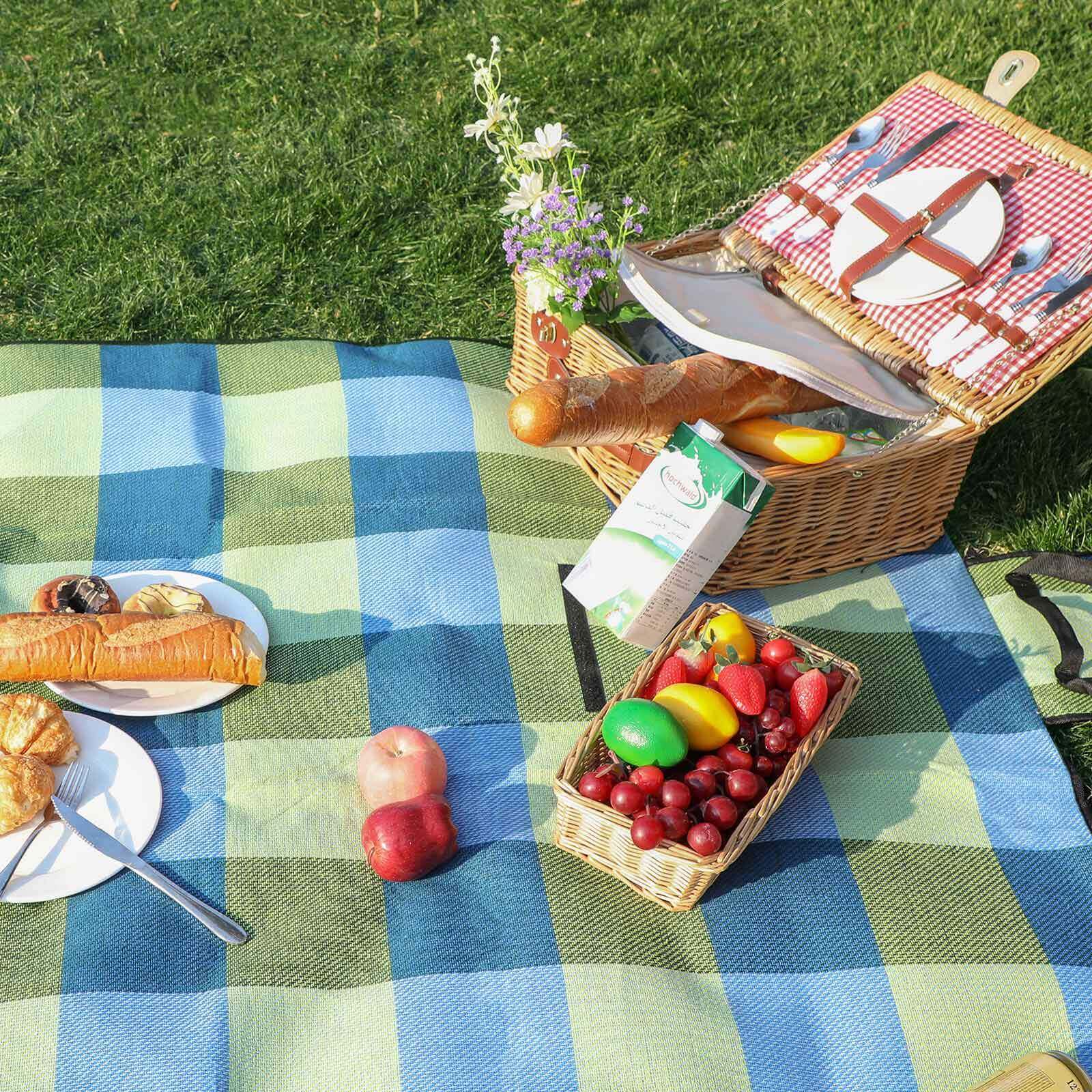 Picnic Blanket – Waterproof Fabric – Green Blue – With Carrying Handle, 195 x 150 cm