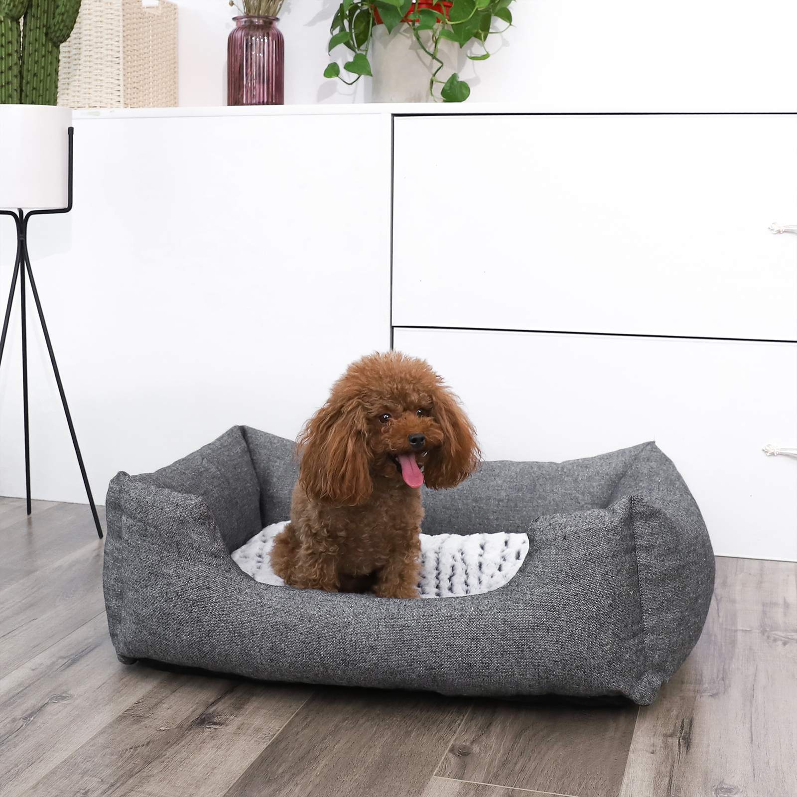 Plush Dog Bed – Soft Fabric – Grey – Round Shape with Removable Cover