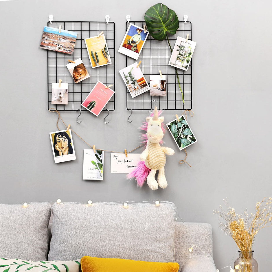 Grid Panel Photo Wall – Metal Mesh – Rose Gold – Multifunctional DIY Display with Clips and S Hooks