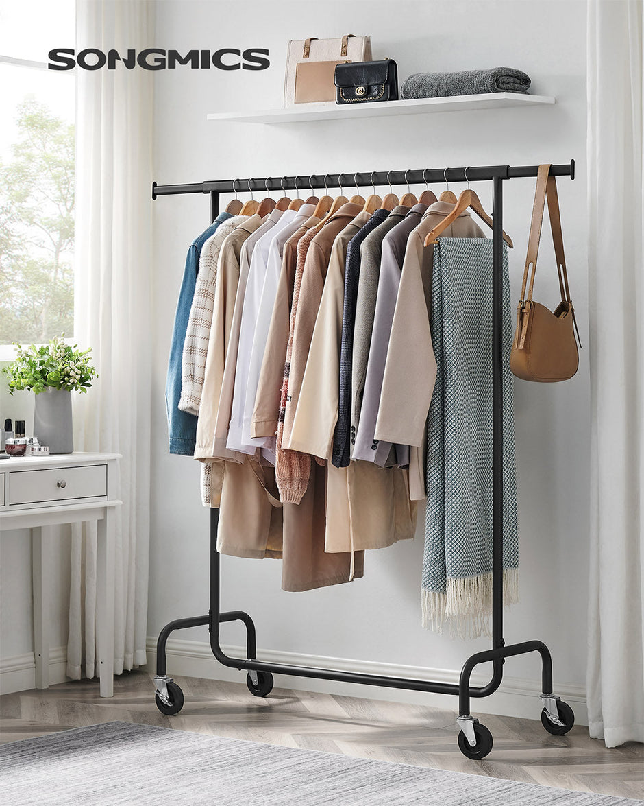 Heavy-Duty Clothes Rack – All-Metal – Matte Black – Extendable Hanging Rail, 136 kg Load Capacity