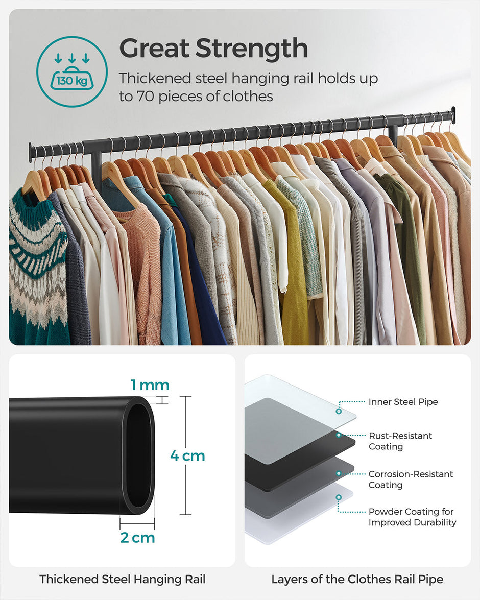 Heavy-Duty Clothes Rack – All-Metal – Matte Black – Extendable Hanging Rail, 136 kg Load Capacity