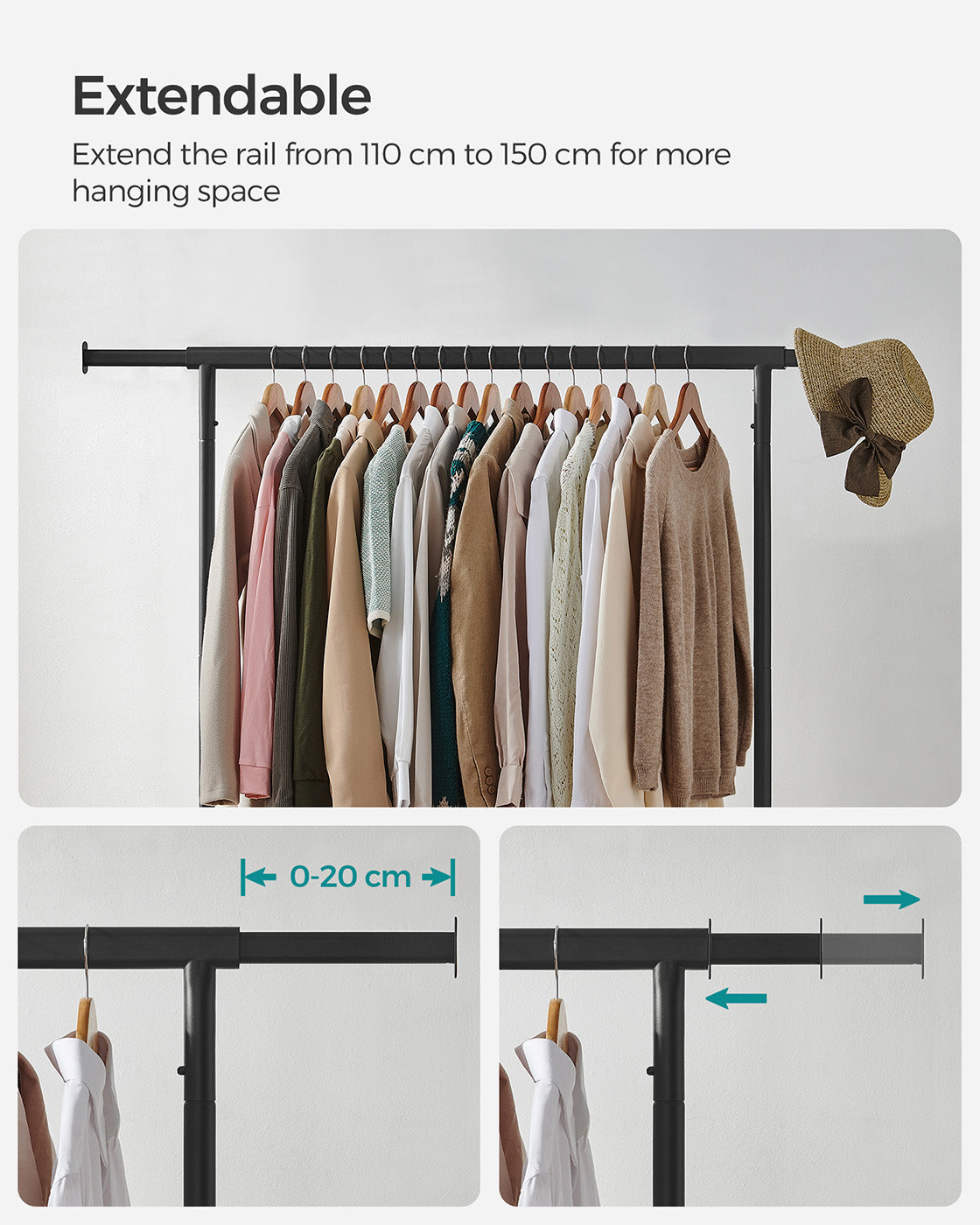 Heavy-Duty Clothes Rack – All-Metal – Matte Black – Extendable Hanging Rail, 136 kg Load Capacity