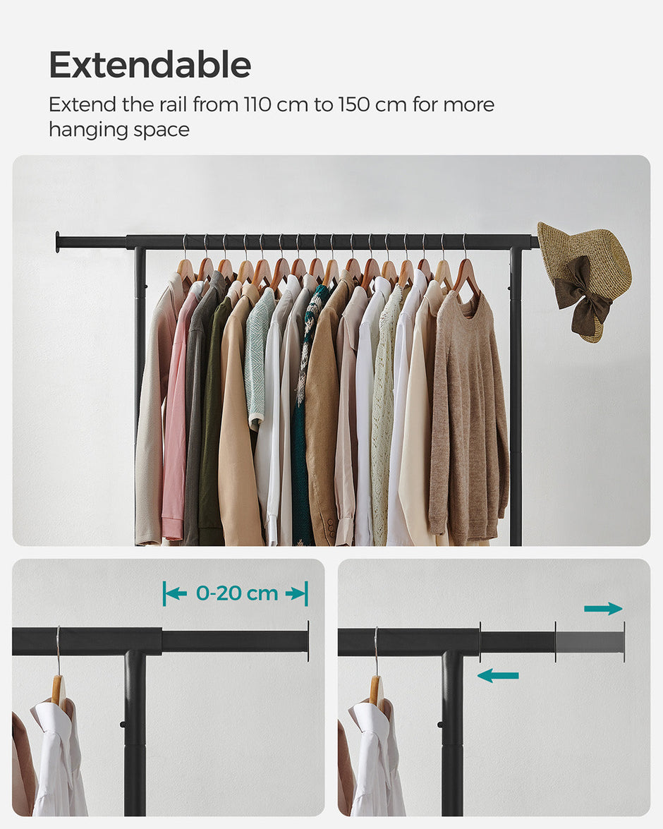 Heavy-Duty Clothes Rack – All-Metal – Matte Black – Extendable Hanging Rail, 136 kg Load Capacity