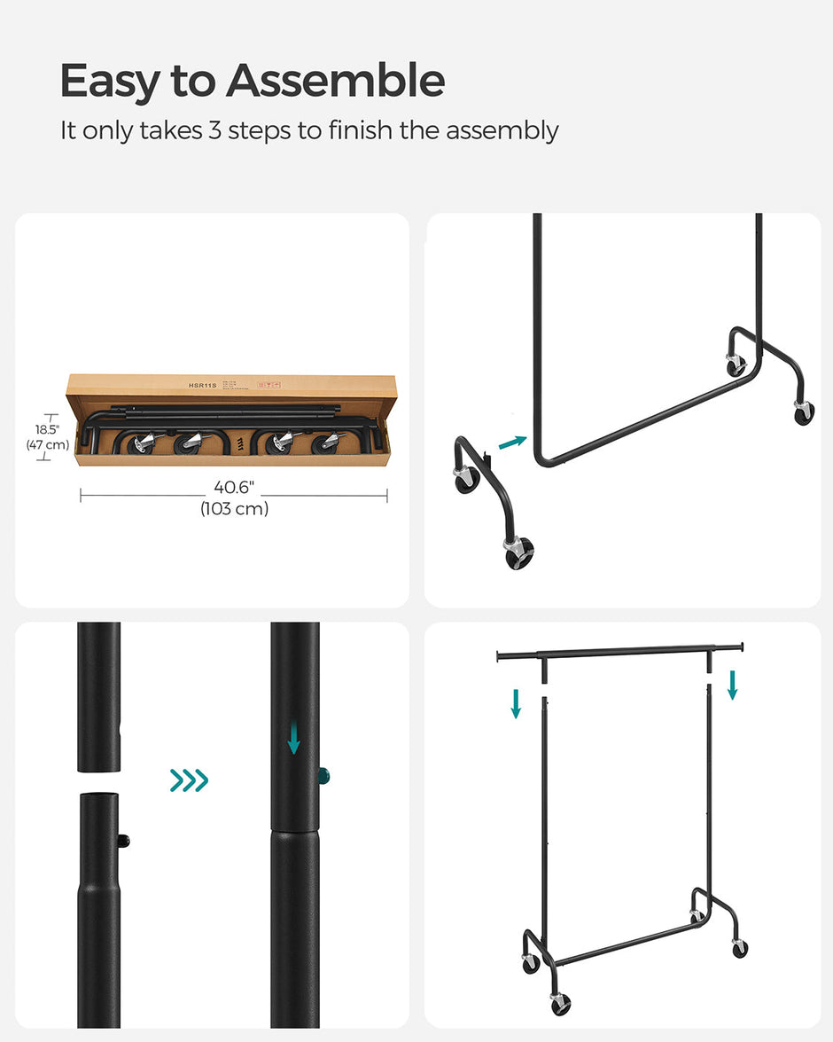 Heavy-Duty Clothes Rack – All-Metal – Matte Black – Extendable Hanging Rail, 136 kg Load Capacity