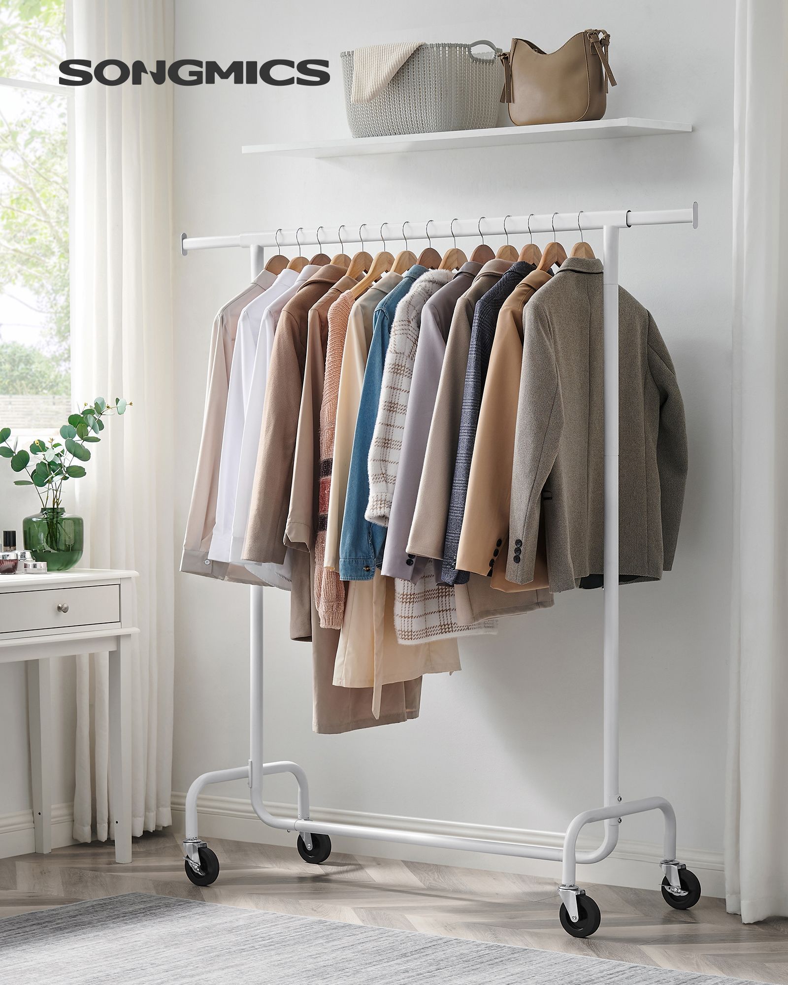 Clothes Rack – All-Metal – Matte White – Heavy-Duty with Extendable Hanging Rail