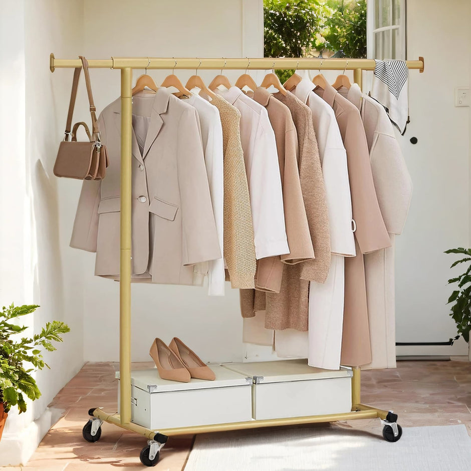 Garment Rail – Metal – Gold – Adjustable Mobile Heavy Duty Design