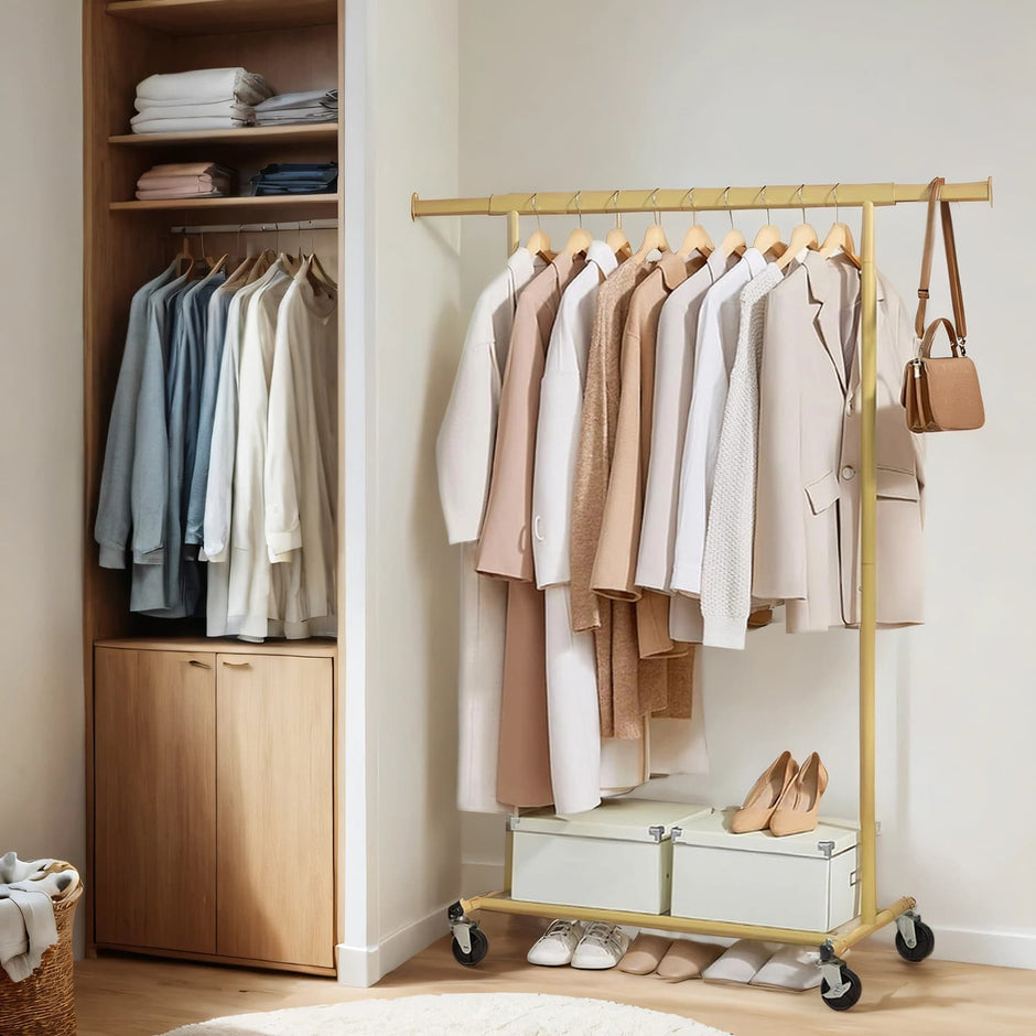 Garment Rail – Metal – Gold – Adjustable Mobile Heavy Duty Design