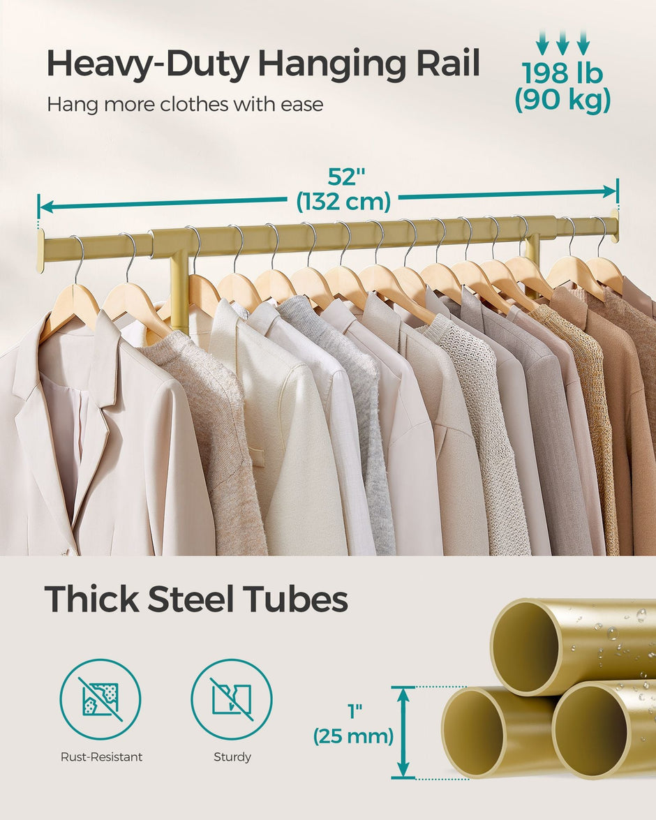 Heavy-Duty Clothes Rack – Metal – Pale Gold – Extendable Hanging Rail, 90 kg Load Capacity, Portable