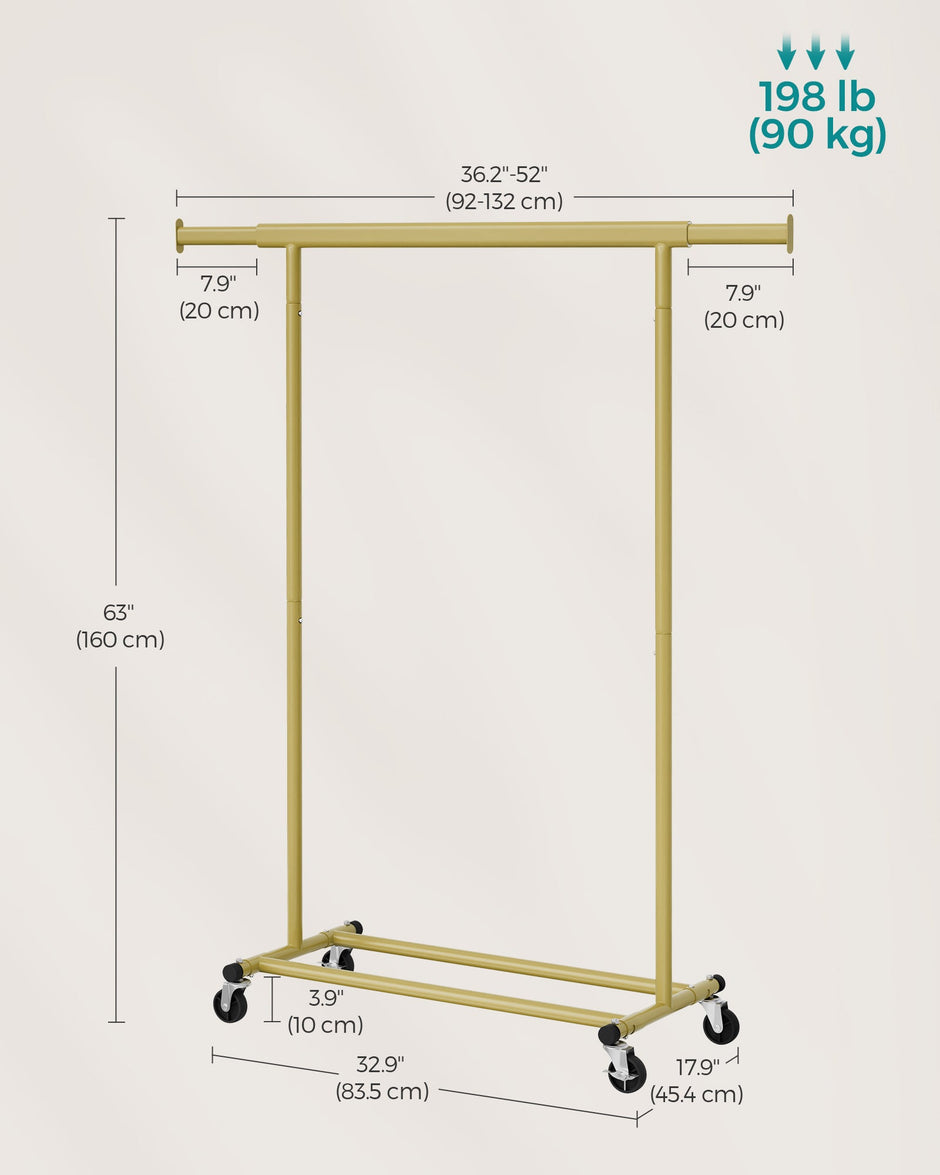Heavy-Duty Clothes Rack – Metal – Pale Gold – Extendable Hanging Rail, 90 kg Load Capacity, Portable