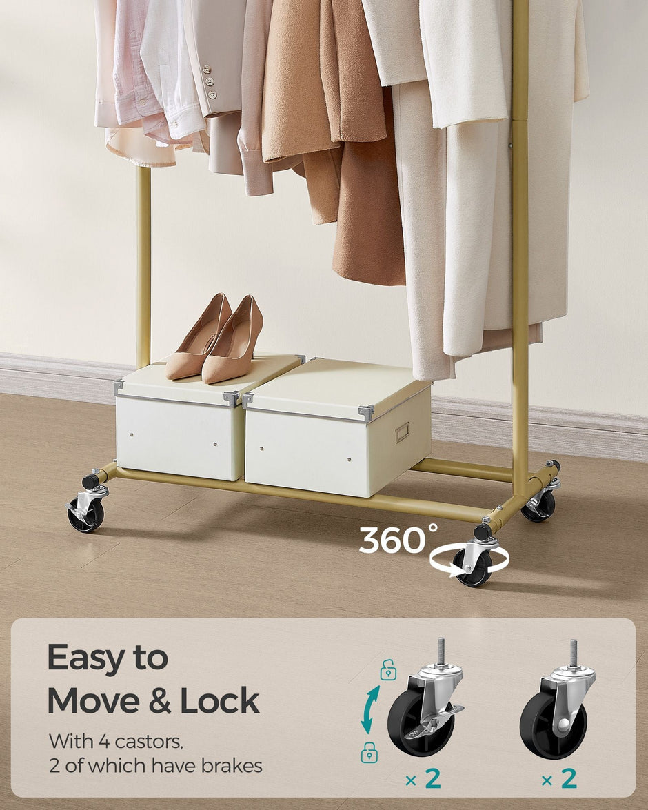 Heavy-Duty Clothes Rack – Metal – Pale Gold – Extendable Hanging Rail, 90 kg Load Capacity, Portable