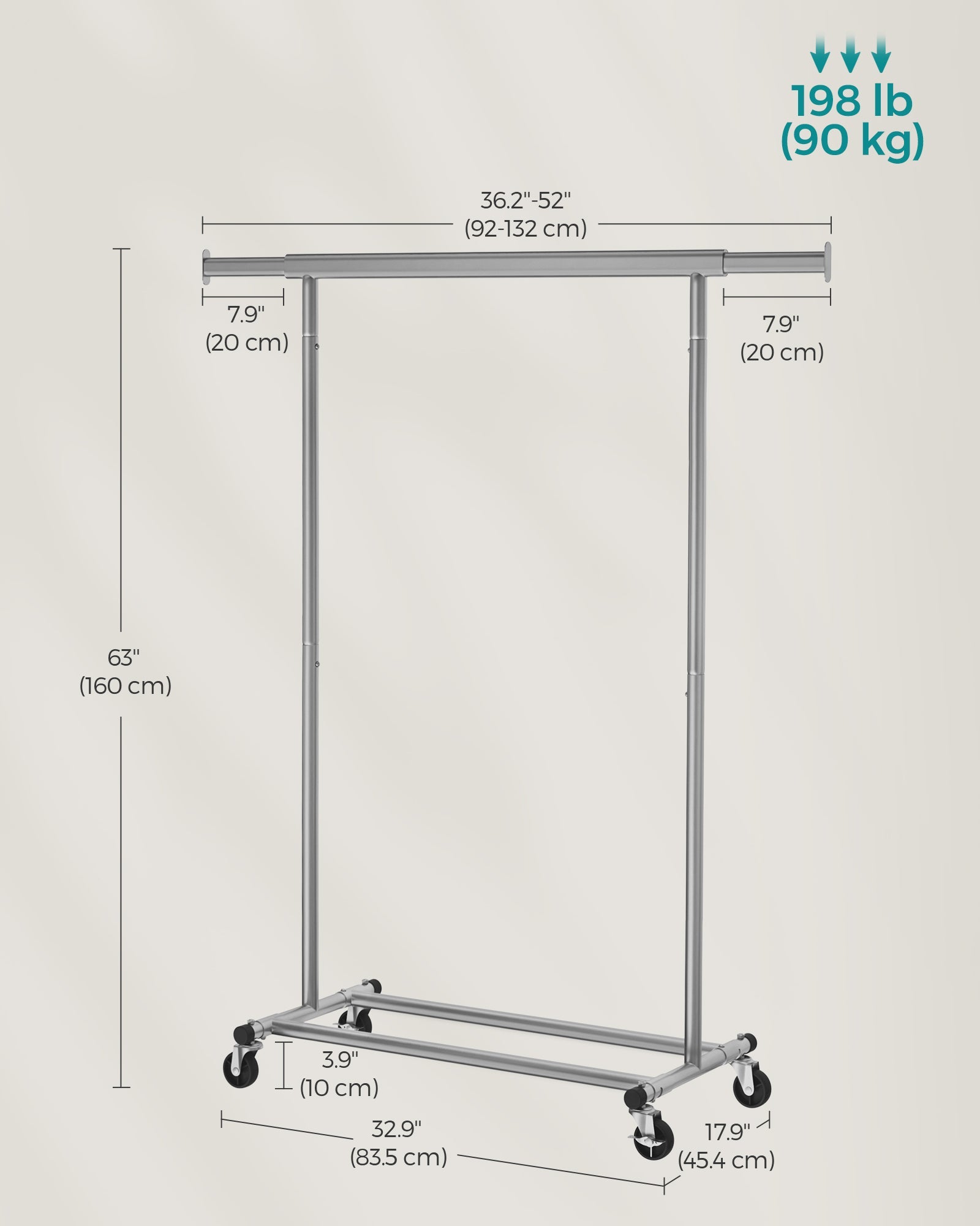 Heavy-Duty Portable Clothes Rack – Metal – Dove Grey – Extendable Hanging Rail, 90 kg Load Capacity