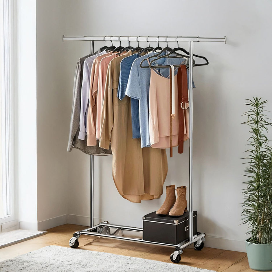 Garment Rail – Metal – Silver – Adjustable and Heavy Duty with Wheels