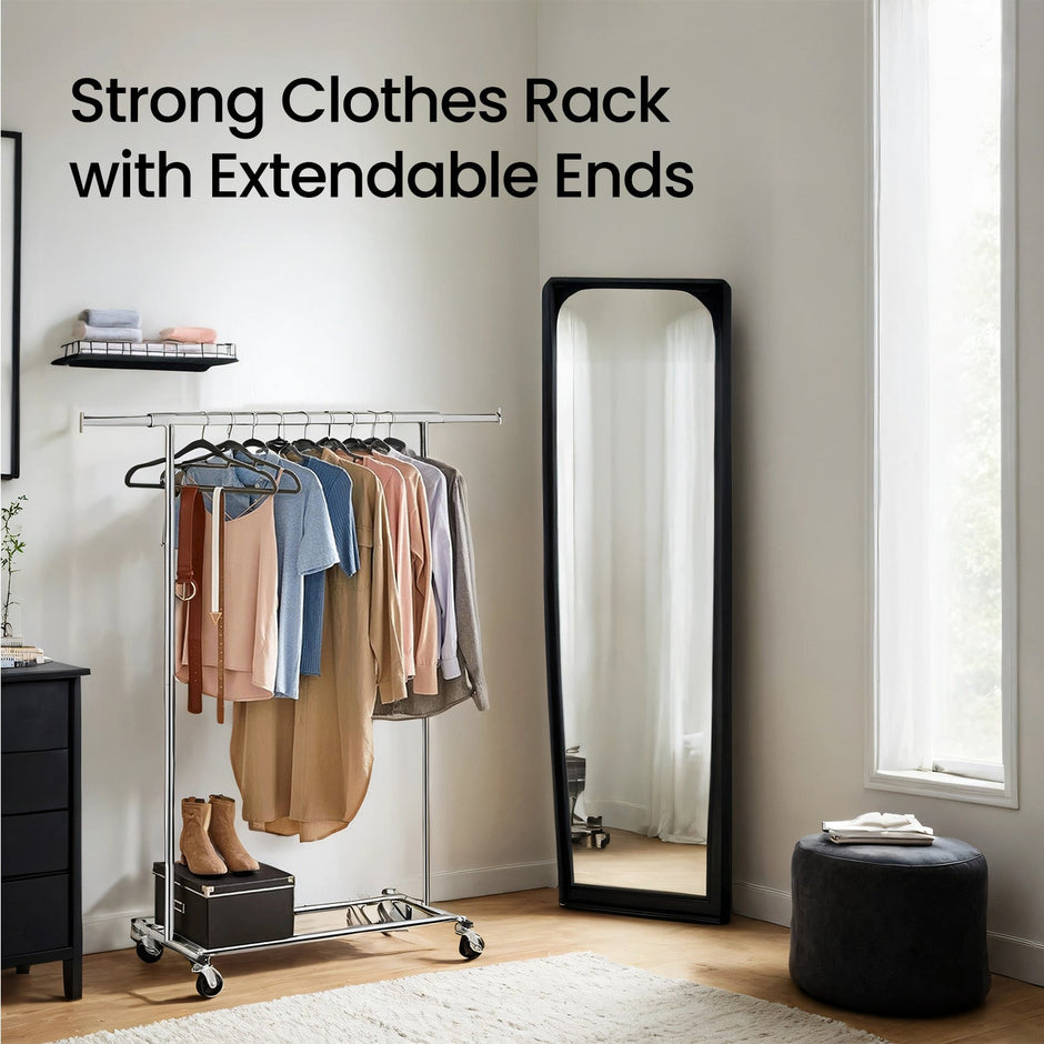 Garment Rail – Metal – Silver – Adjustable and Heavy Duty with Wheels