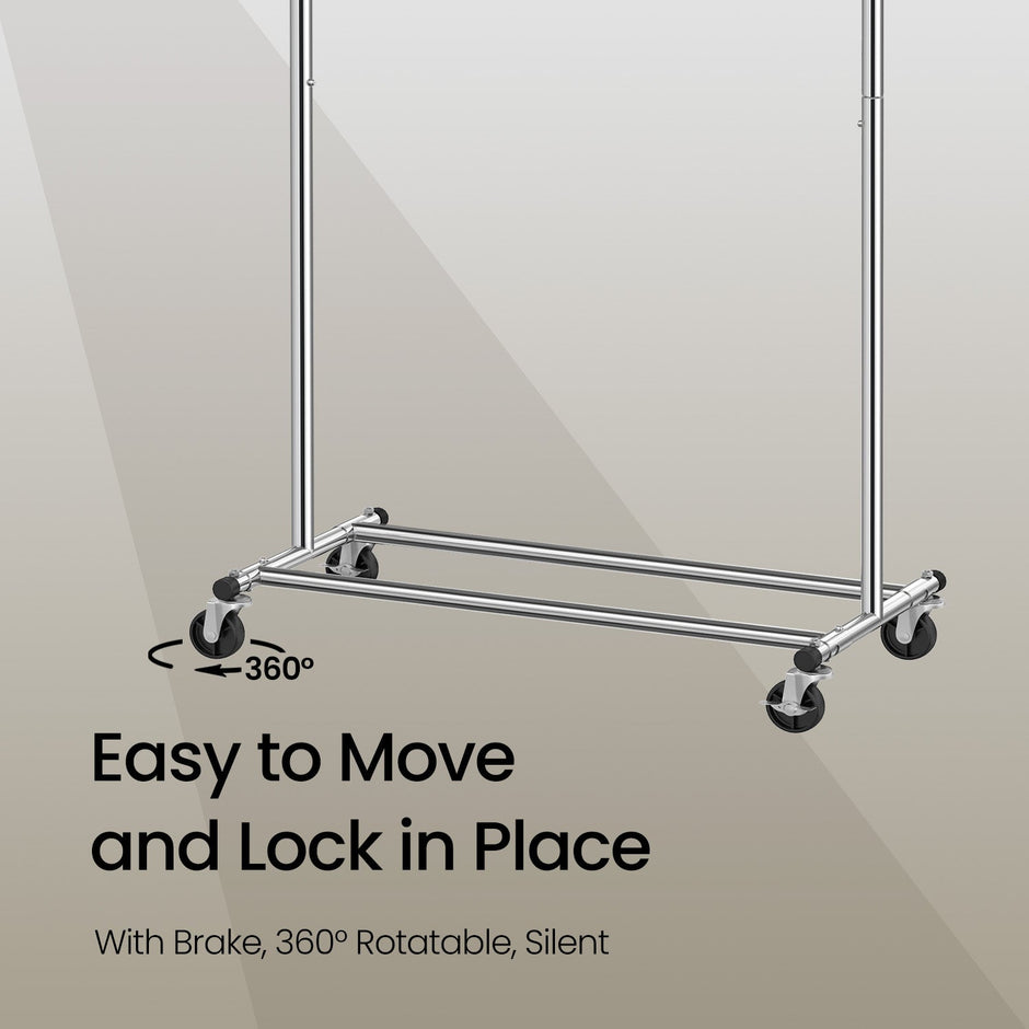 Garment Rail – Metal – Silver – Adjustable and Heavy Duty with Wheels