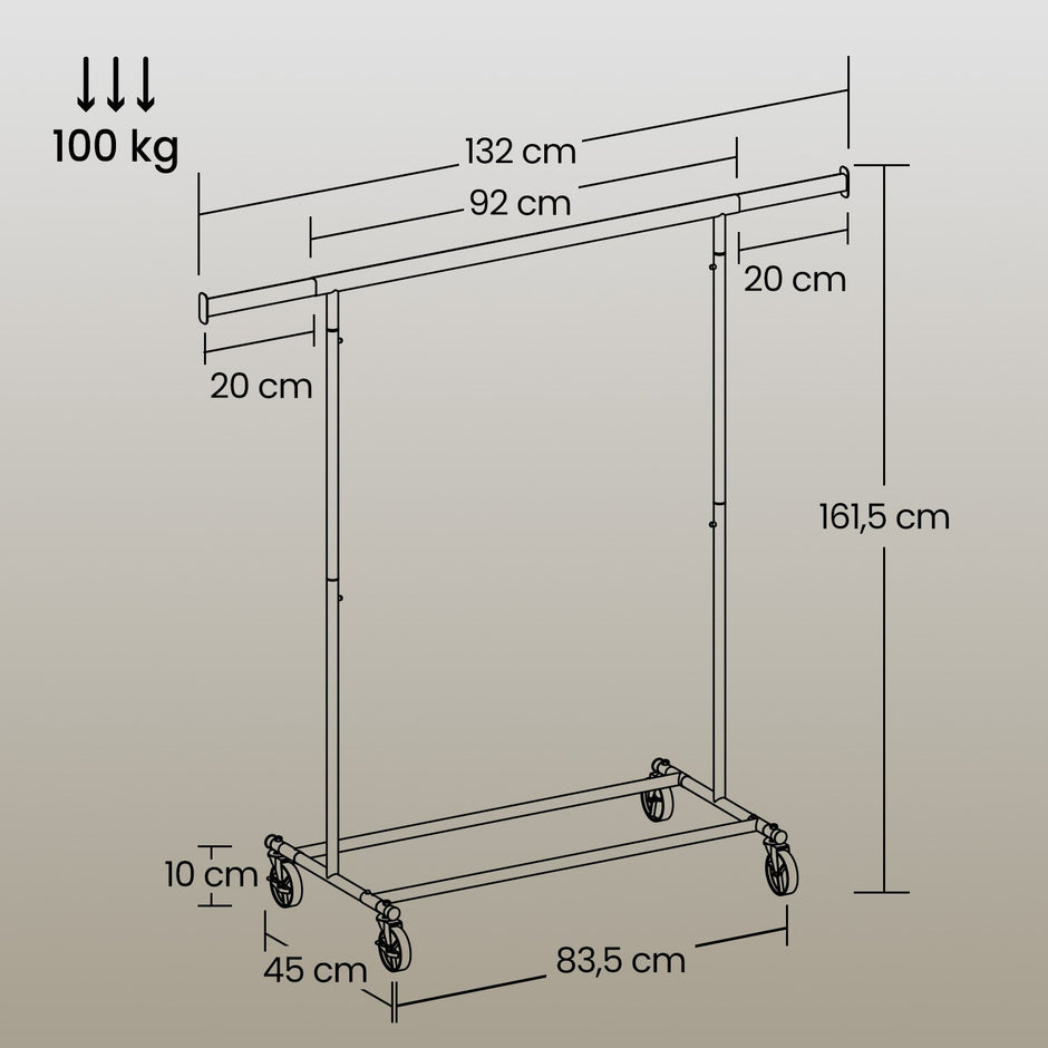 Garment Rail – Metal – Silver – Adjustable and Heavy Duty with Wheels