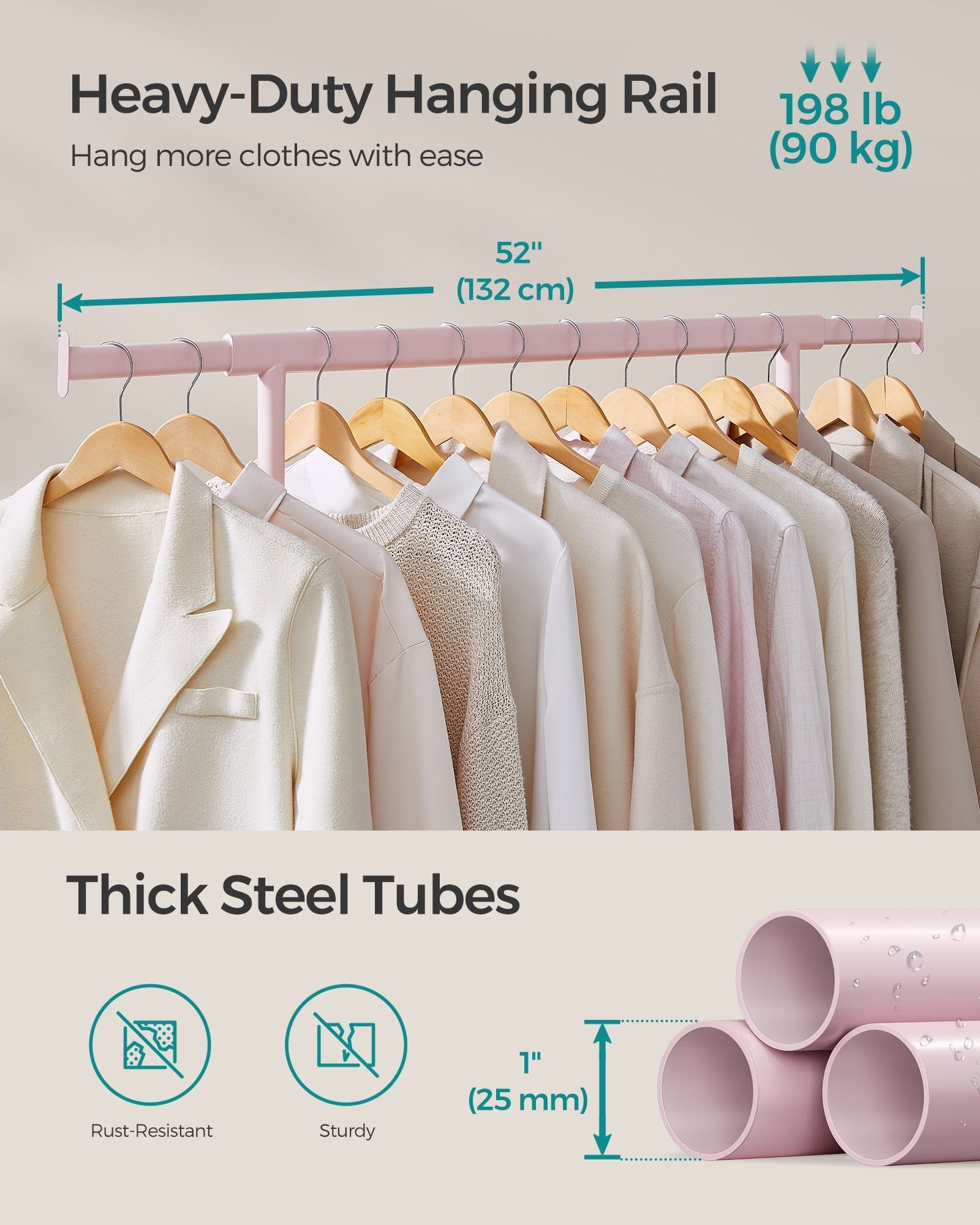 Heavy-Duty Clothes Rack – Metal – Jelly Pink – Extendable and Portable with 90 kg Load Capacity