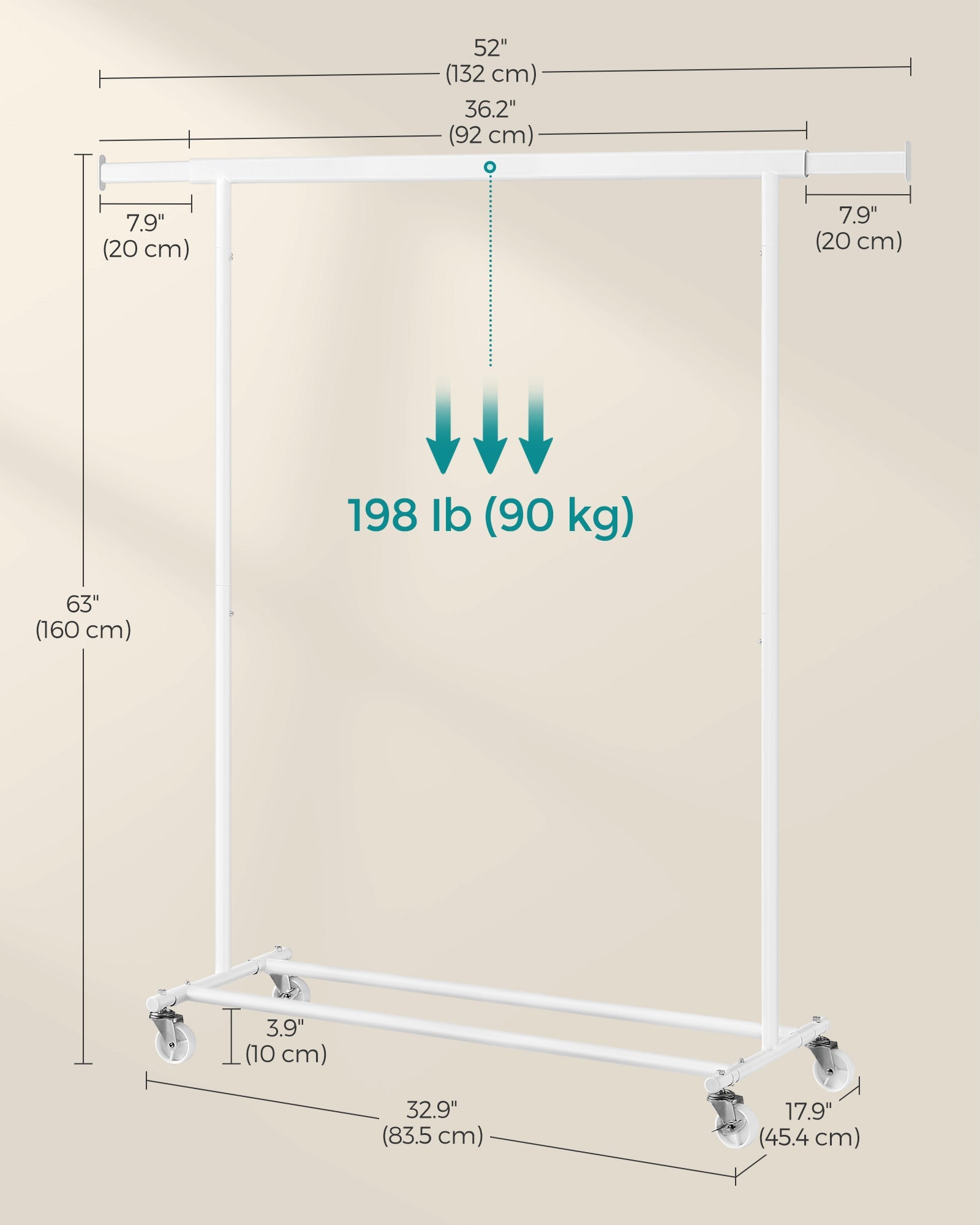 Heavy Duty Clothes Rack – Metal – Portable – Extendable Hanging Rail, 90 kg Load Capacity