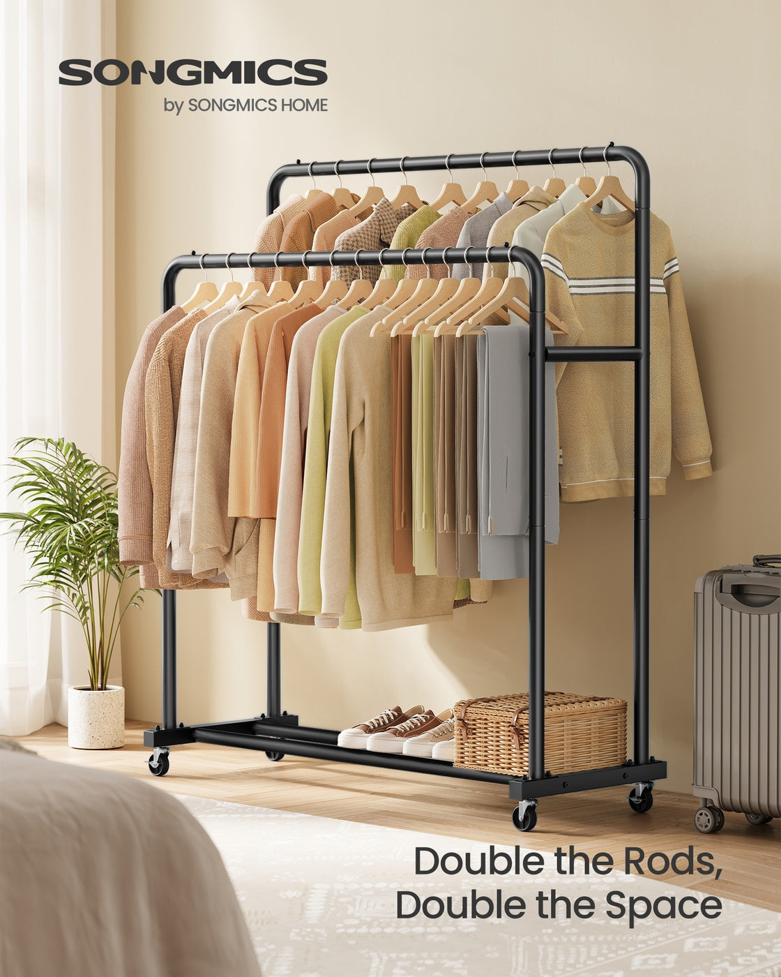 Clothes Rack - 90kg - Steel - Double Rods - Lockable Wheels