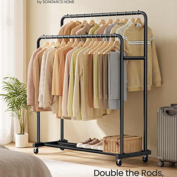 Clothes Rack - 90kg - Steel - Double Rods - Lockable Wheels