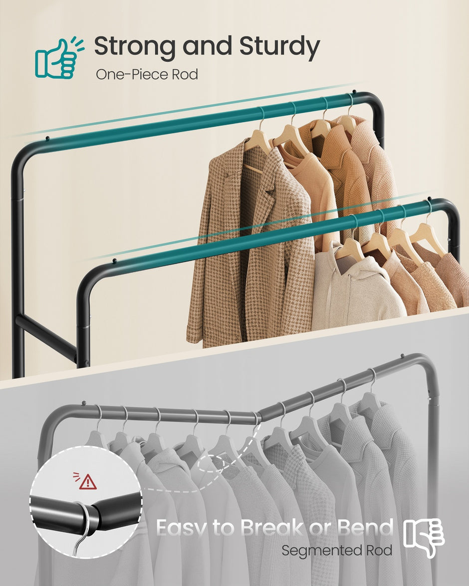Clothes Rack - 90kg - Steel - Double Rods - Lockable Wheels