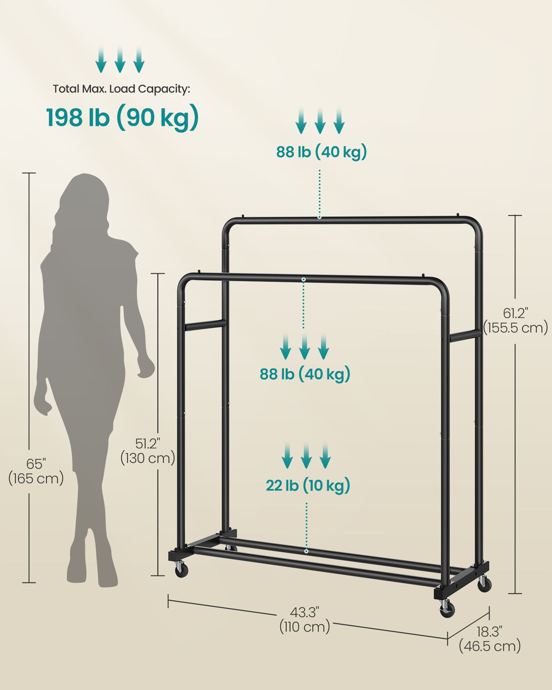 Clothes Rack - 90kg - Steel - Double Rods - Lockable Wheels
