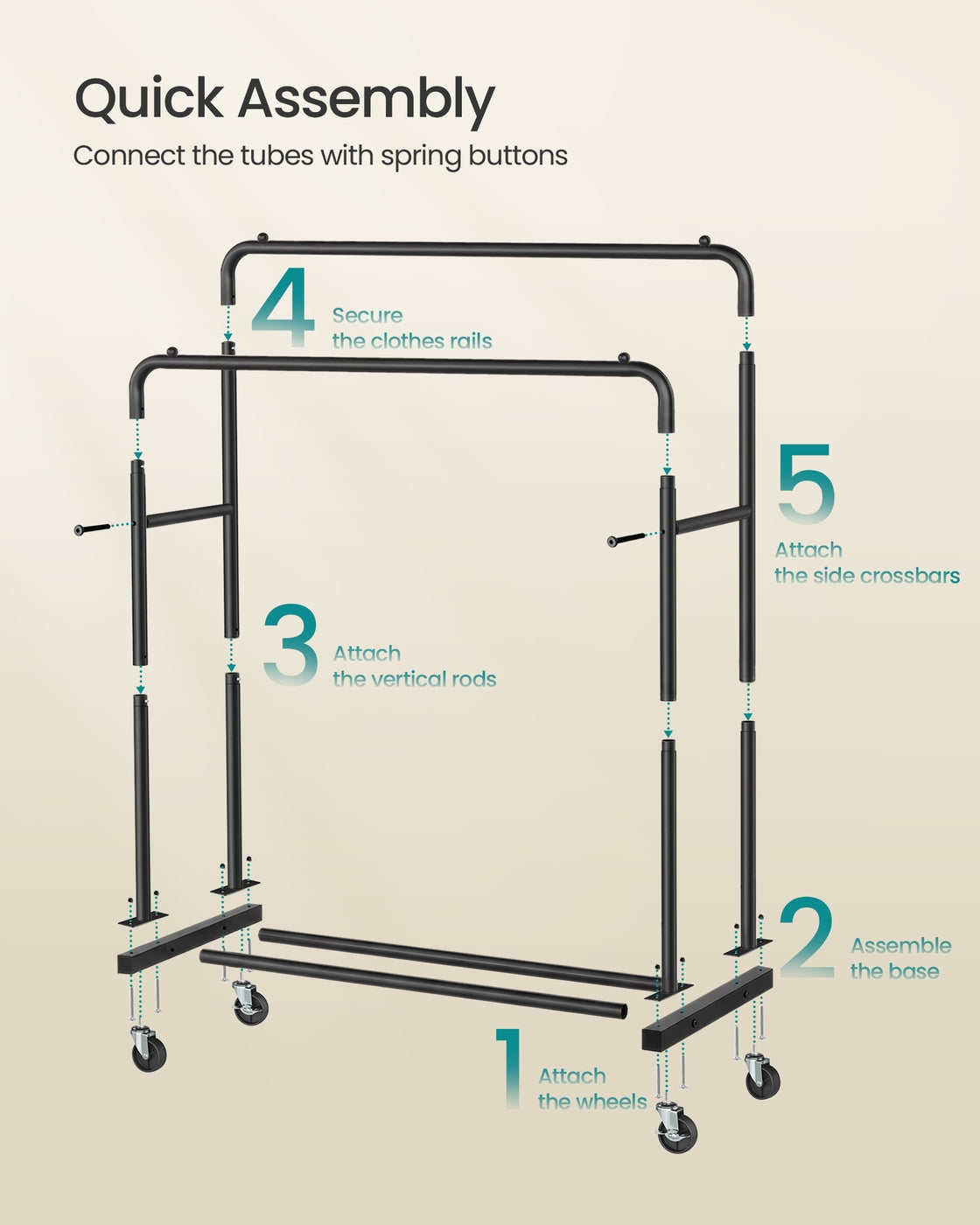 Clothes Rack - 90kg - Steel - Double Rods - Lockable Wheels