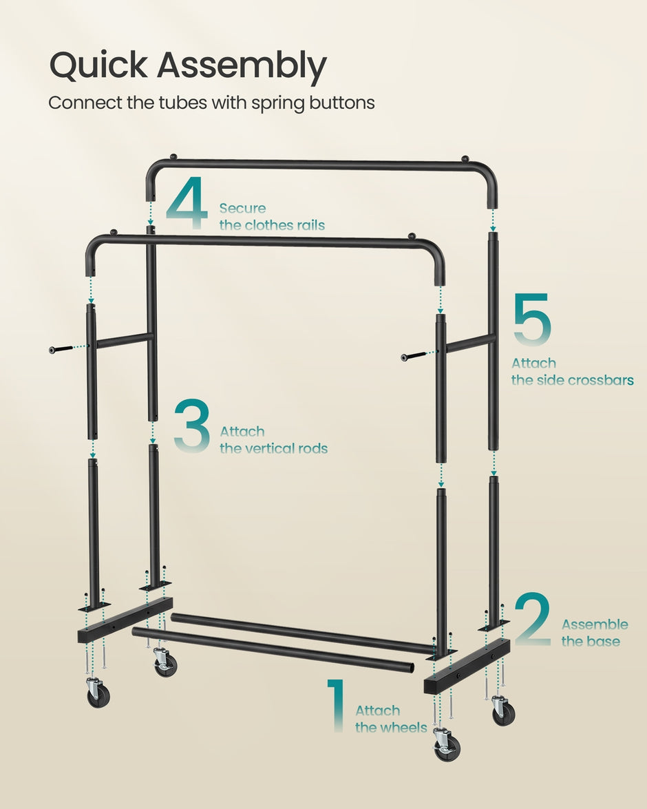 Clothes Rack - 90kg - Steel - Double Rods - Lockable Wheels