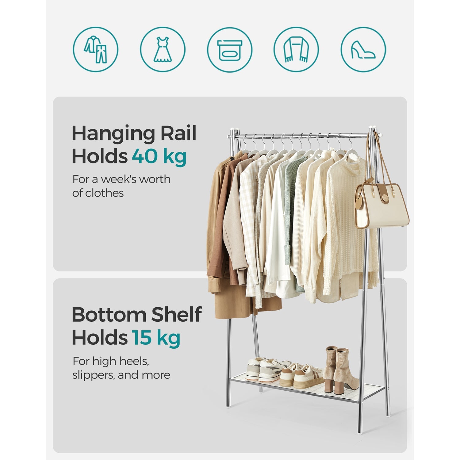Clothes Rack – Steel – Silver – Includes Hanging Rail and Shelf