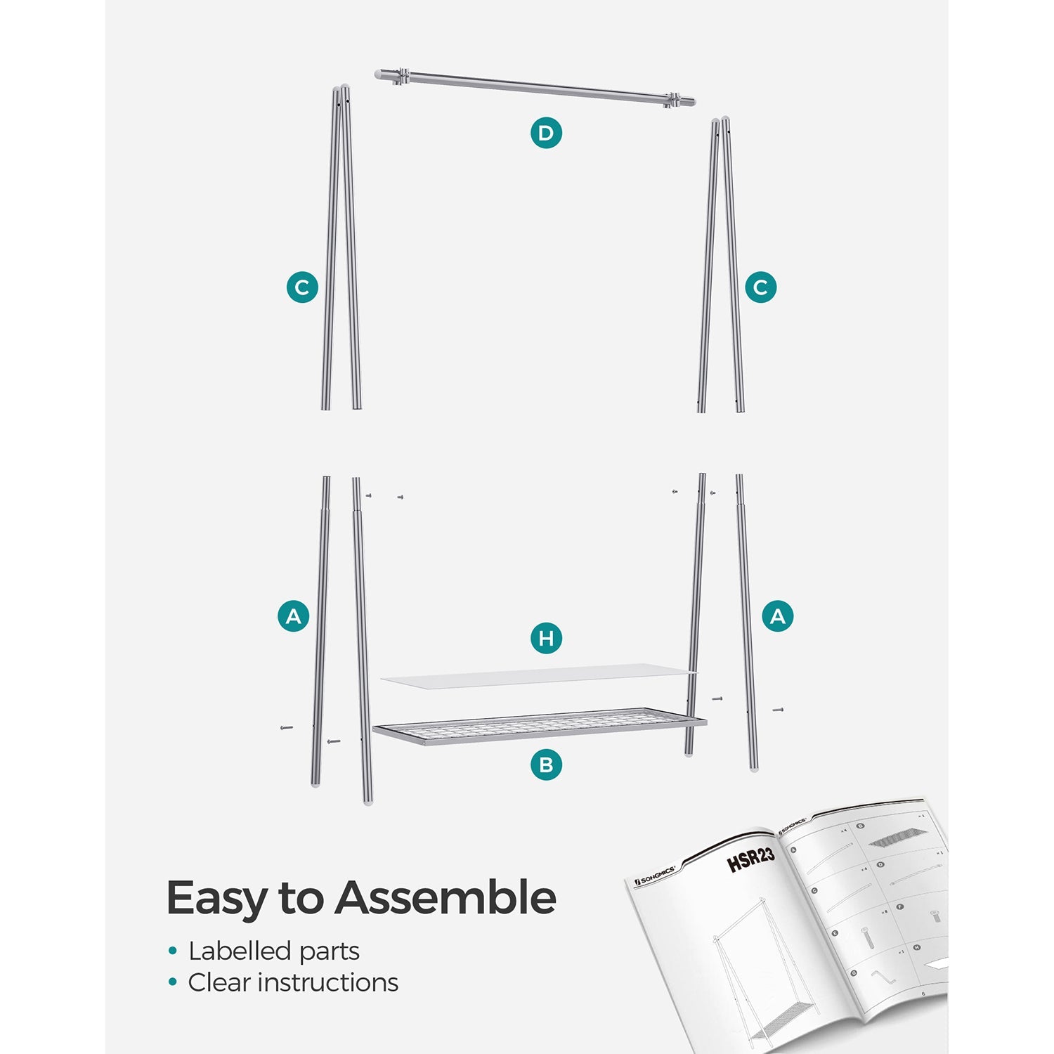 Clothes Rack – Steel – Silver – Includes Hanging Rail and Shelf