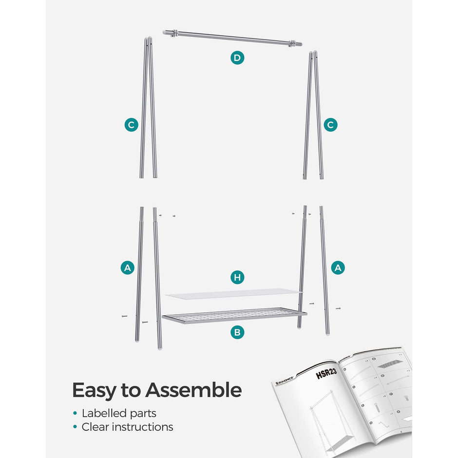 Clothes Rack – Steel – Silver – Includes Hanging Rail and Shelf