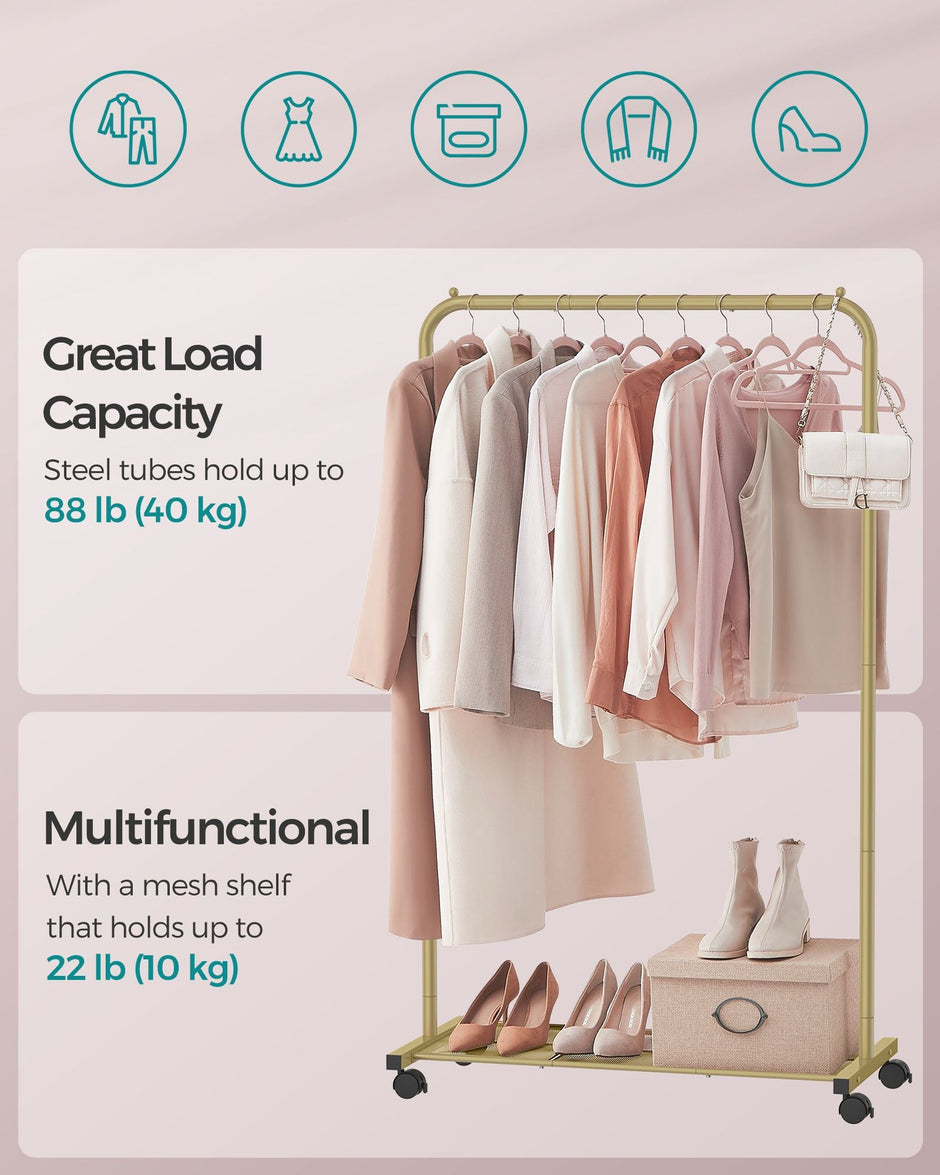 Clothes Rack – Metal – Pale Gold – Portable with Storage Shelf