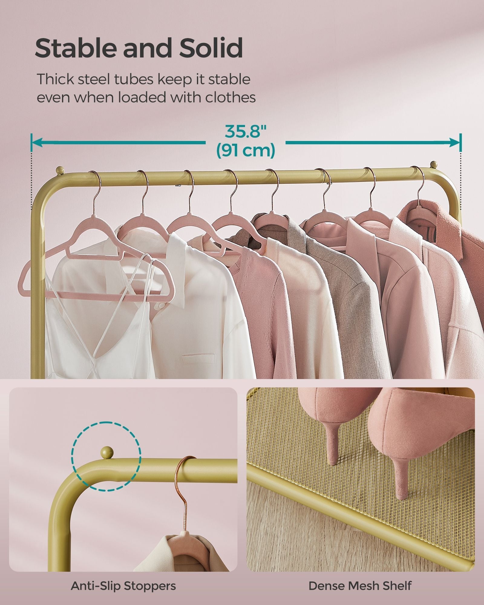 Clothes Rack – Metal – Pale Gold – Portable with Storage Shelf