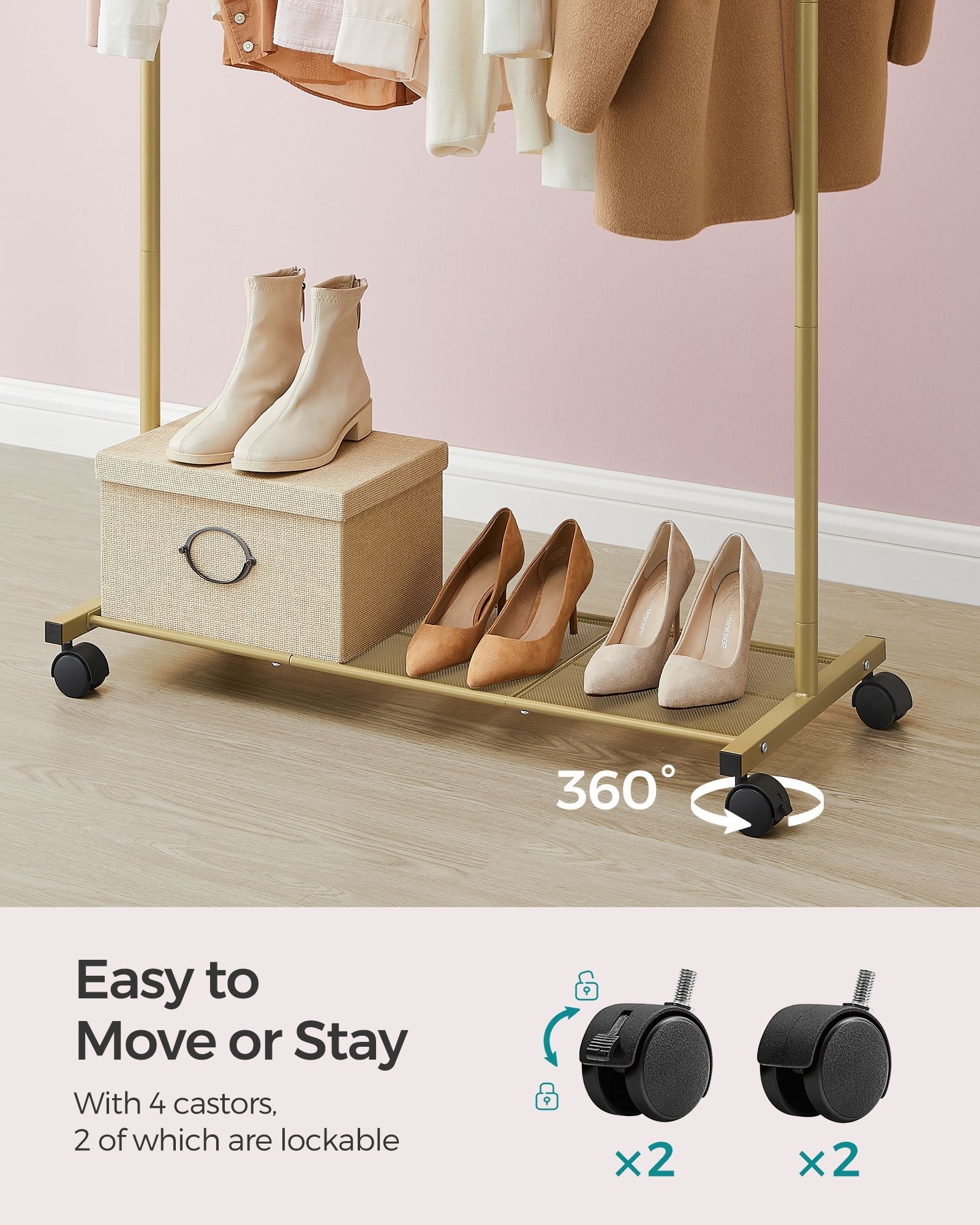 Clothes Rack – Metal – Pale Gold – Portable with Storage Shelf