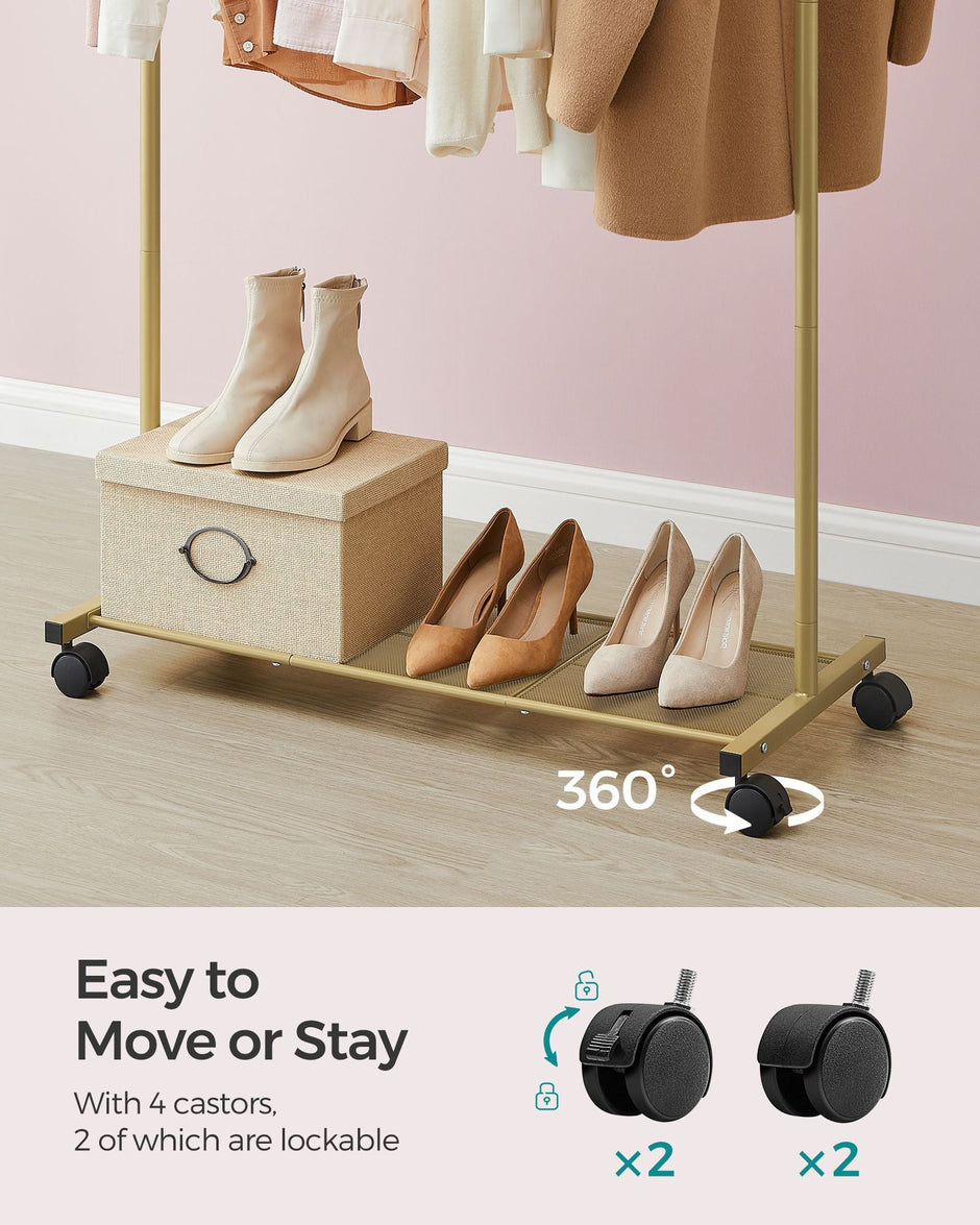 Clothes Rack – Metal – Pale Gold – Portable with Storage Shelf
