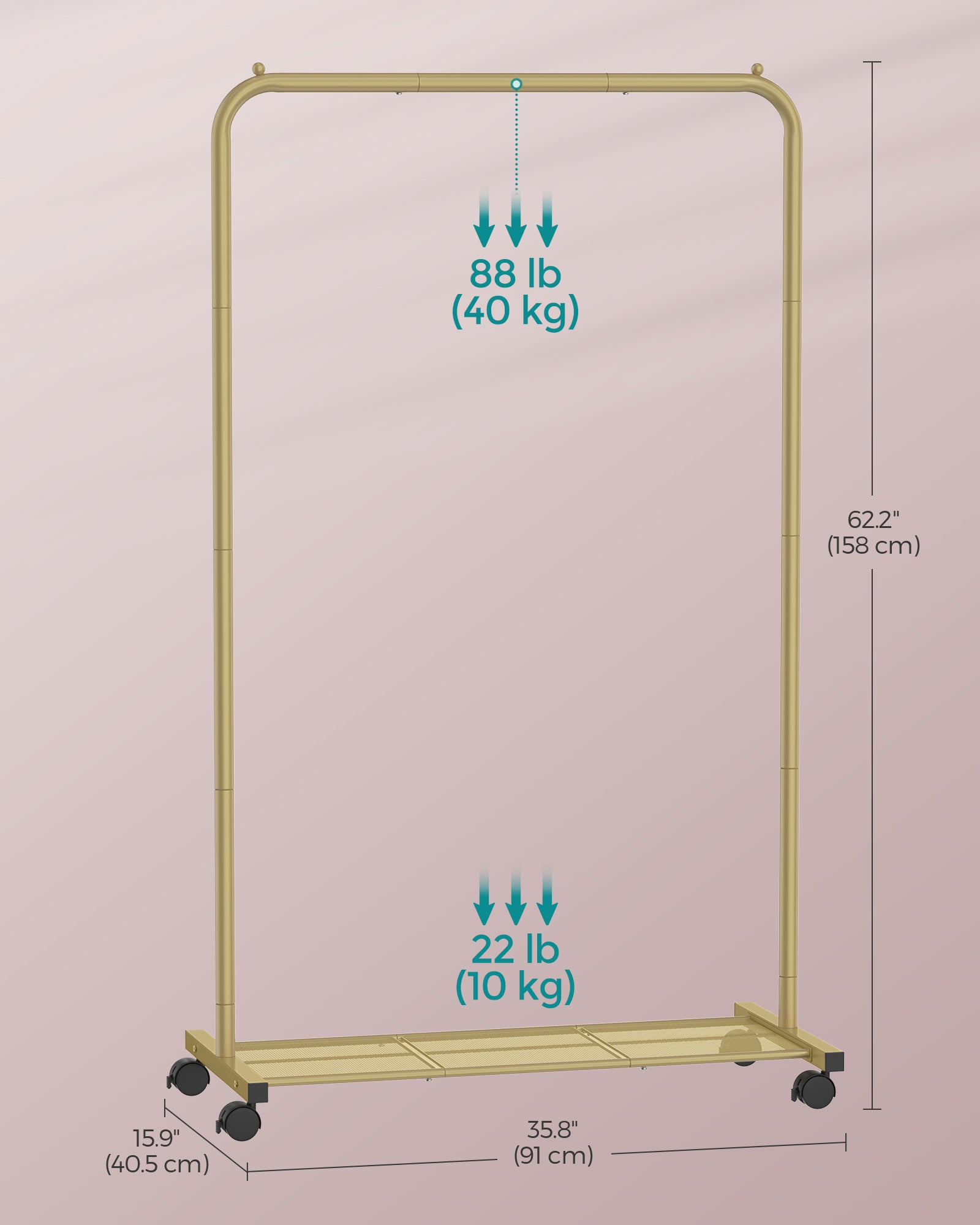 Clothes Rack – Metal – Pale Gold – Portable with Storage Shelf