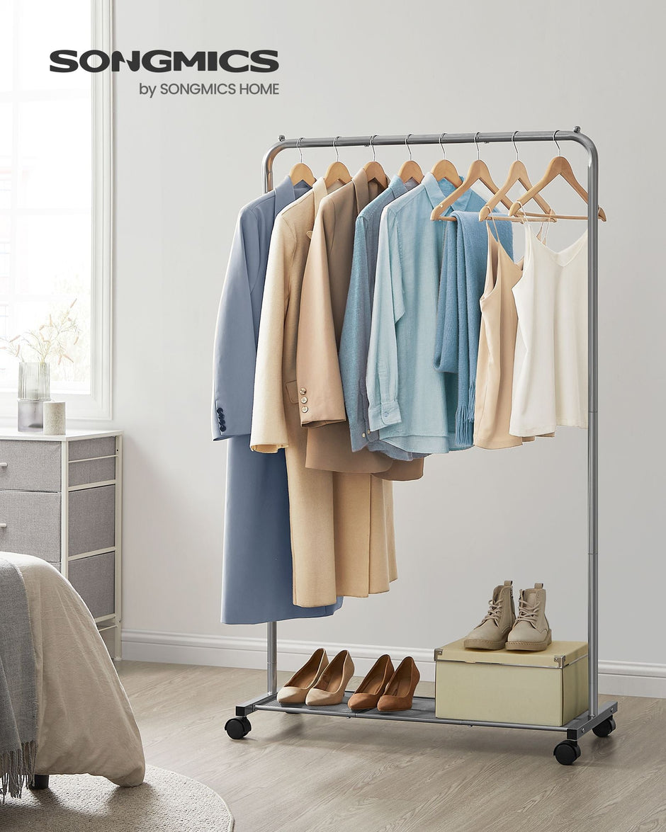 Clothes Rack – Metal – Dove Grey – Rolling with Storage Shelf