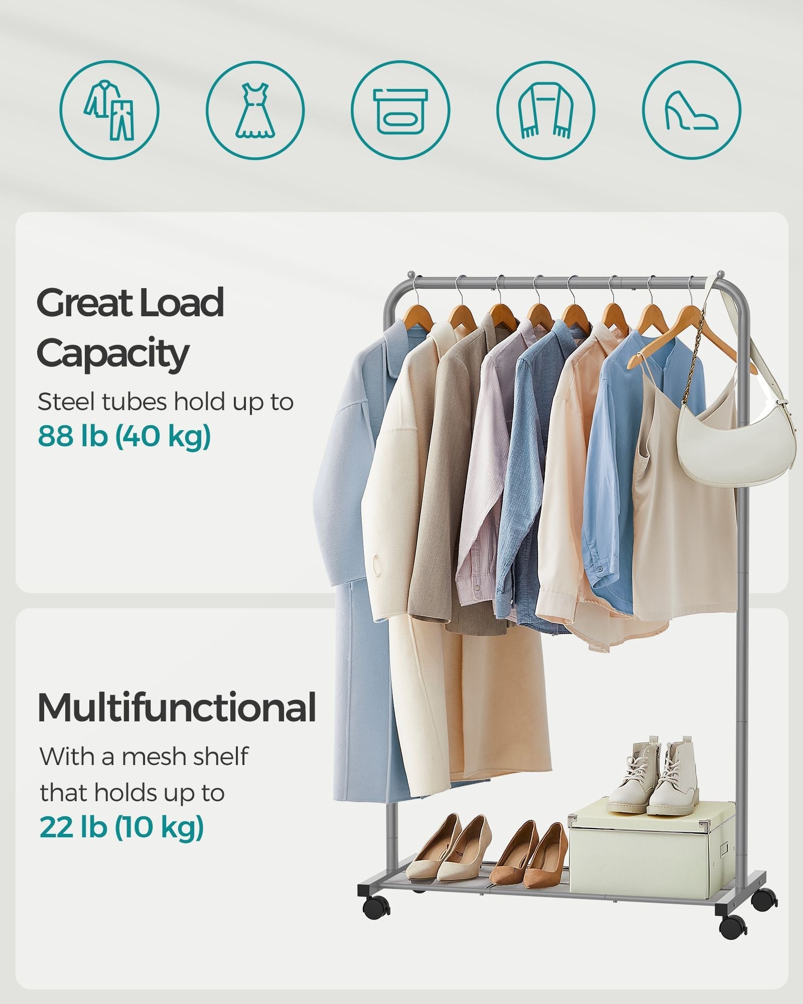 Clothes Rack – Metal – Dove Grey – Rolling with Storage Shelf
