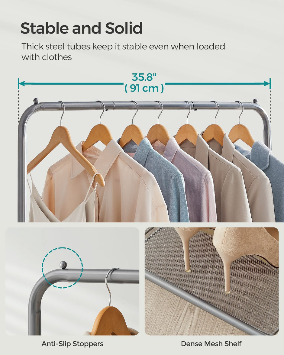 Clothes Rack – Metal – Dove Grey – Rolling with Storage Shelf