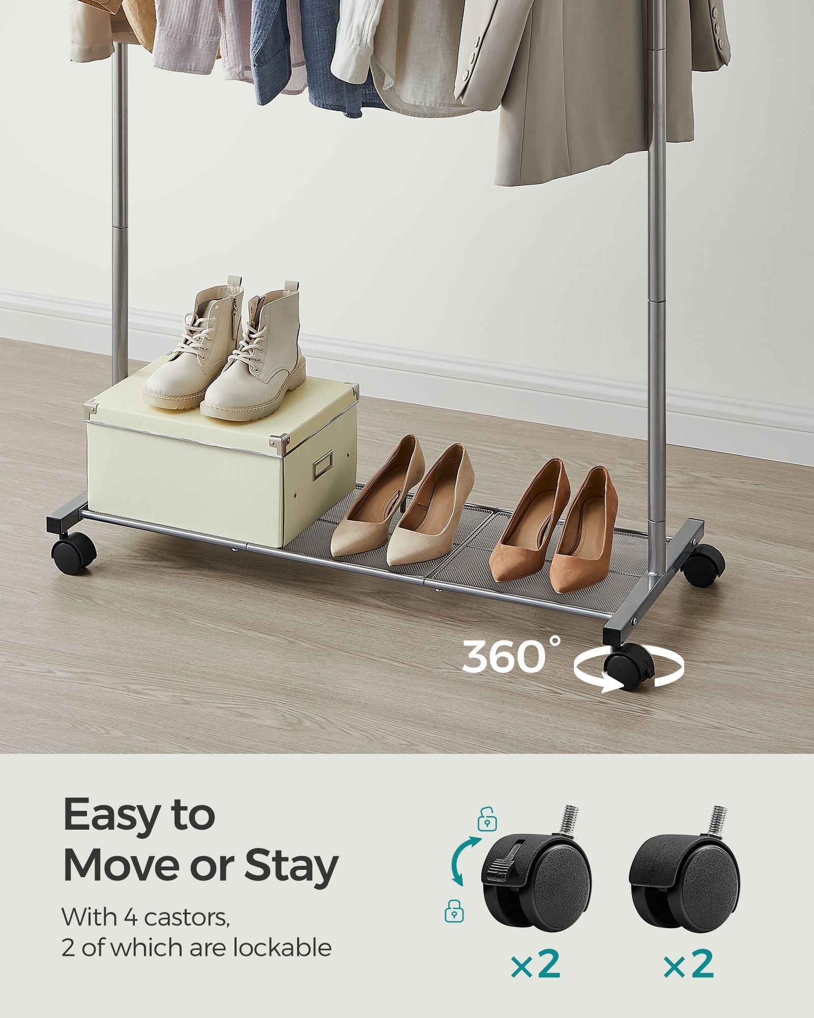 Clothes Rack – Metal – Dove Grey – Rolling with Storage Shelf