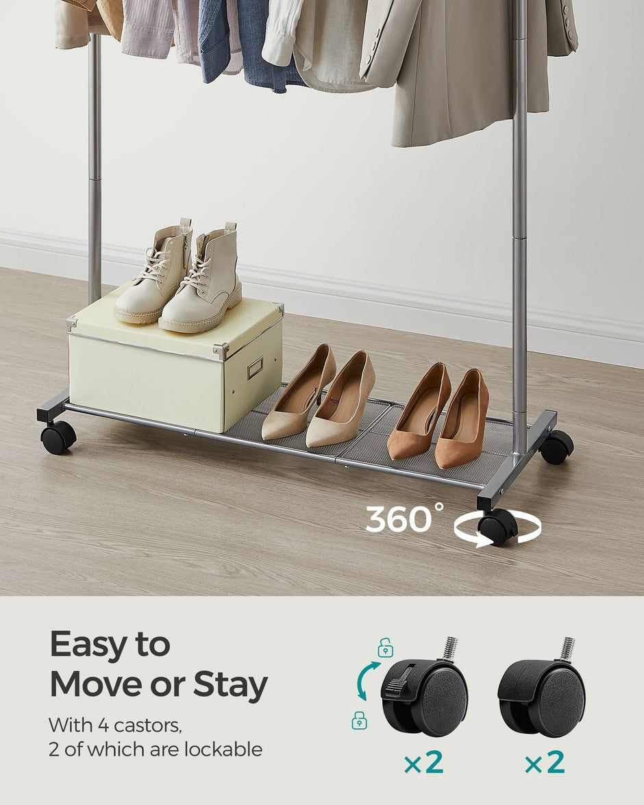 Clothes Rack – Metal – Dove Grey – Rolling with Storage Shelf