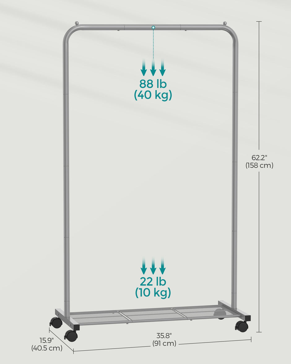 Clothes Rack – Metal – Dove Grey – Rolling with Storage Shelf