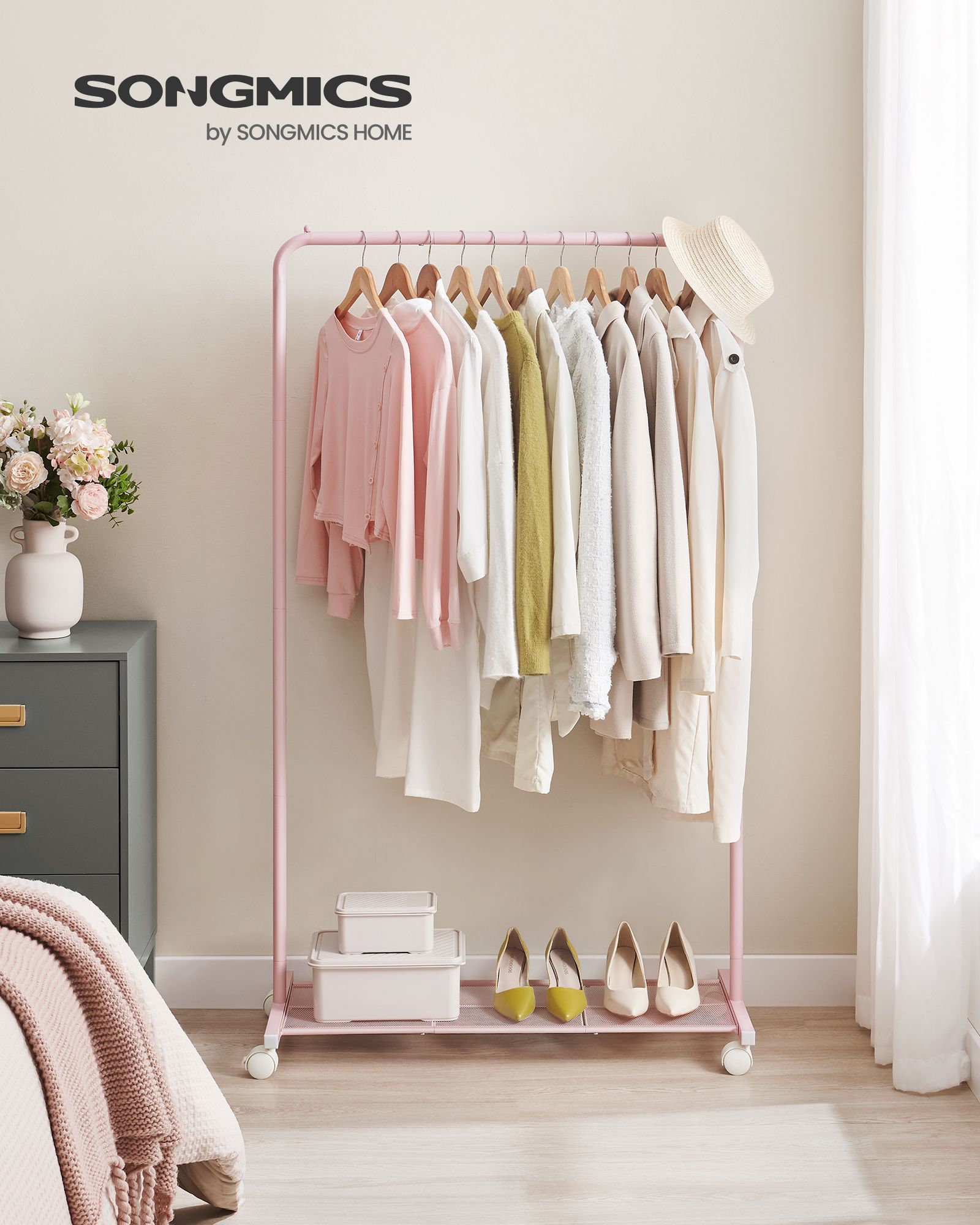 Garment Rack – Metal – Jelly Pink – Mobile with Storage Shelf