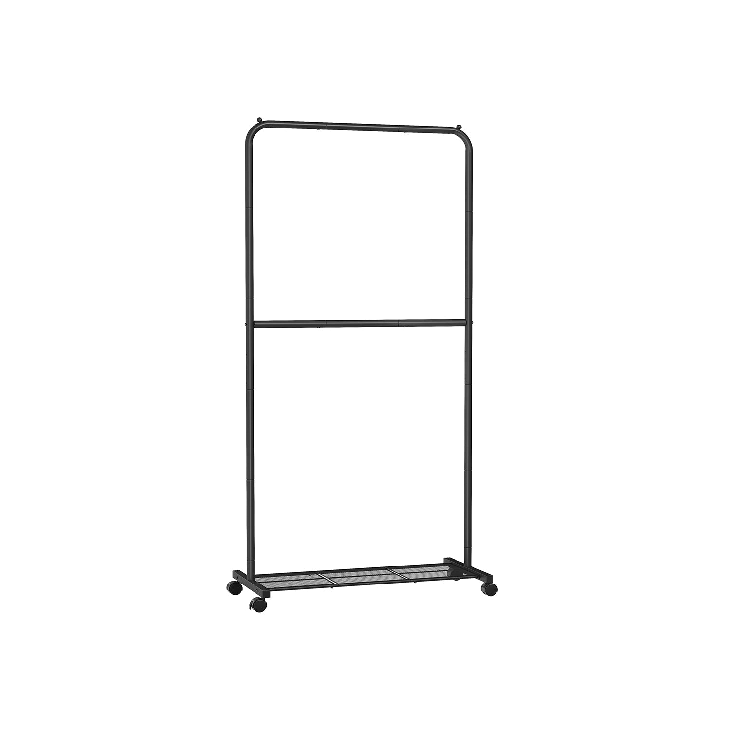 Double-Rod Clothes Rail – Metal – Black – Mobile with Storage Shelf and Lockable Wheels