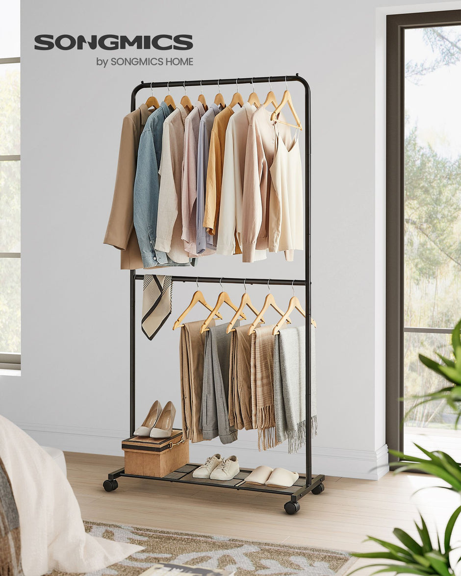 Double-Rod Clothes Rail – Metal – Black – Mobile with Storage Shelf and Lockable Wheels
