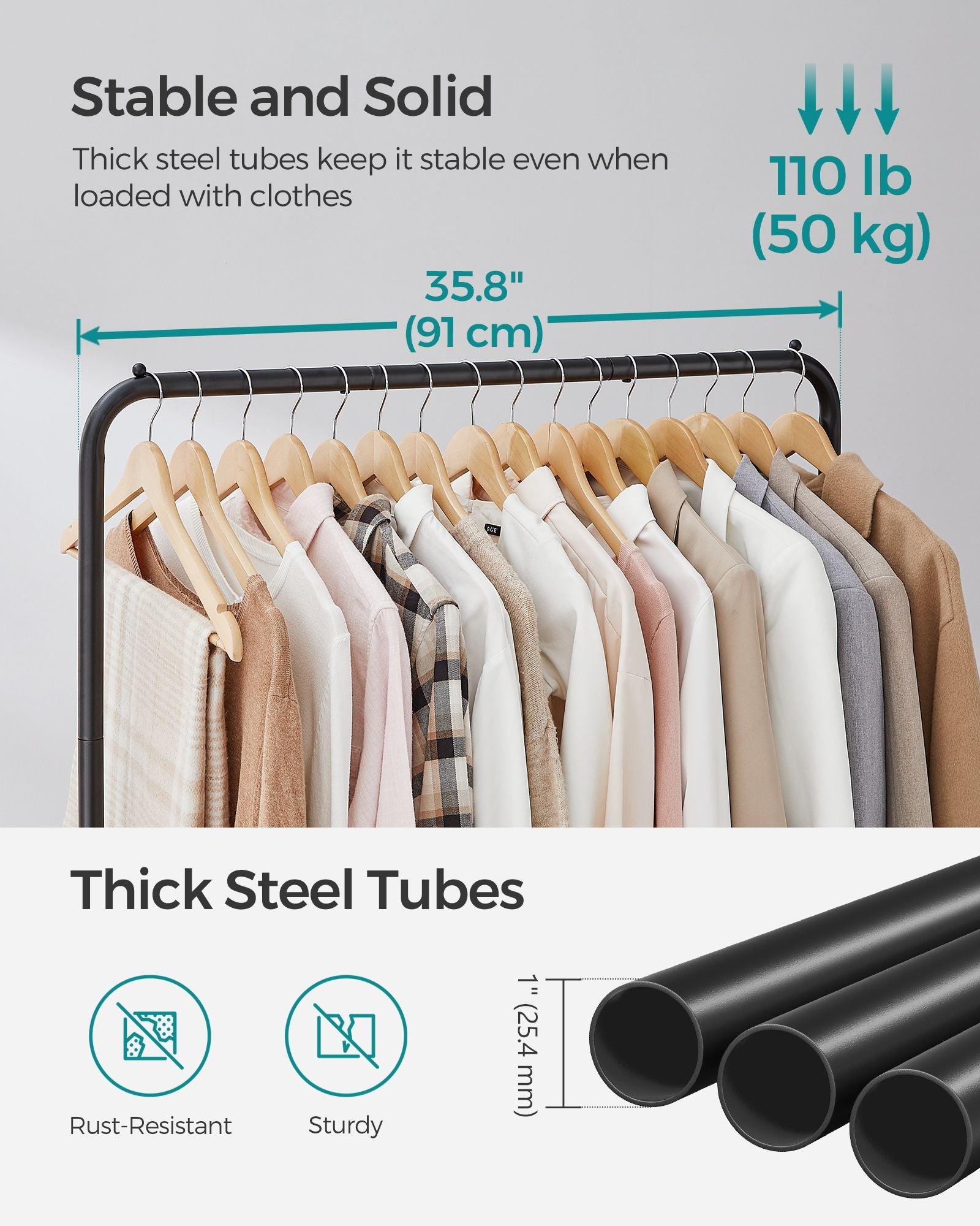 Double-Rod Clothes Rail – Metal – Black – Mobile with Storage Shelf and Lockable Wheels