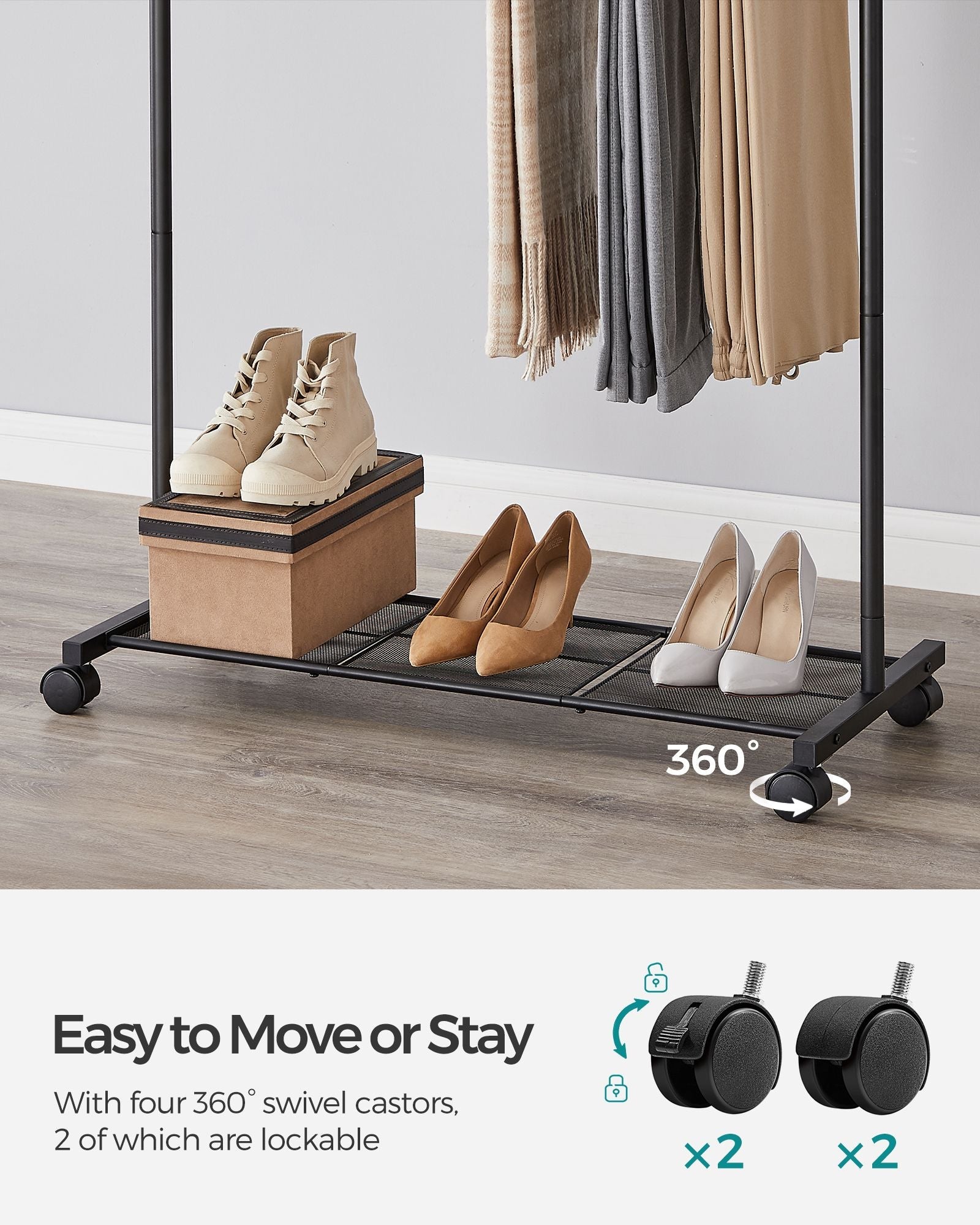 Double-Rod Clothes Rail – Metal – Black – Mobile with Storage Shelf and Lockable Wheels