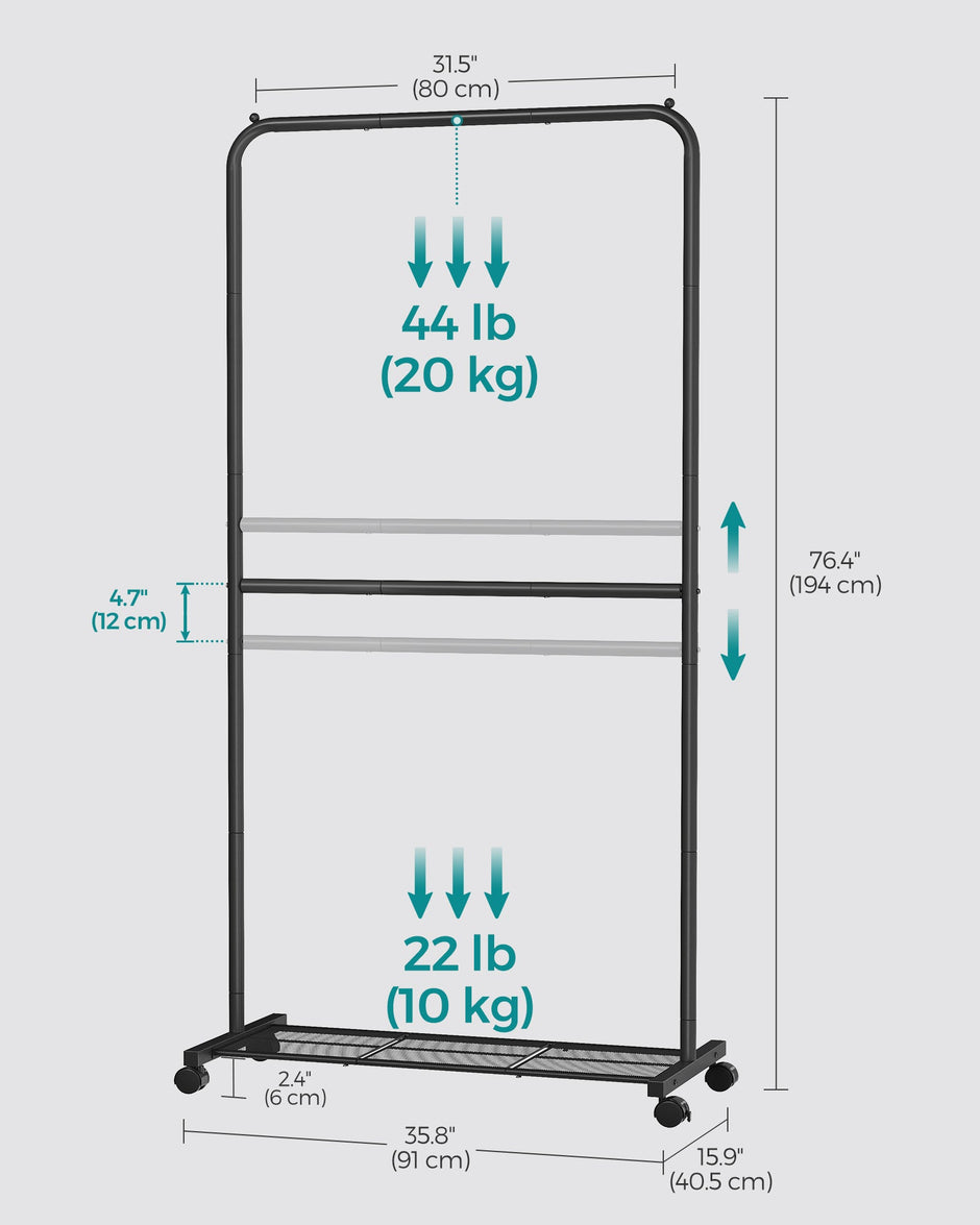 Double-Rod Clothes Rail – Metal – Black – Mobile with Storage Shelf and Lockable Wheels