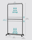 Double-Rod Clothes Rail – Metal – Black – Mobile with Storage Shelf and Lockable Wheels
