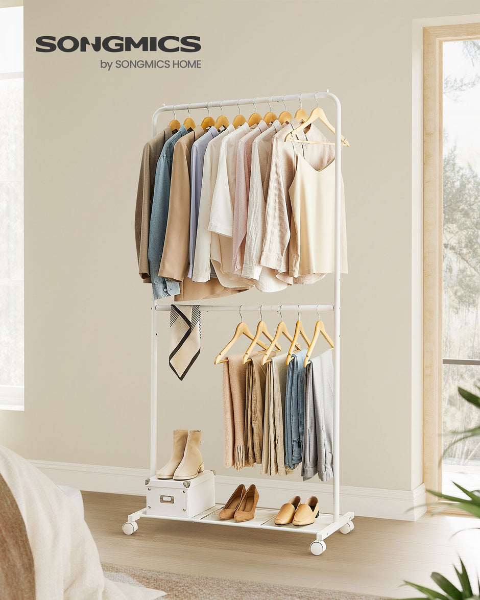 Double-Rod Clothes Rail – Metal – White – Mobile with Storage Shelf and Lockable Wheels