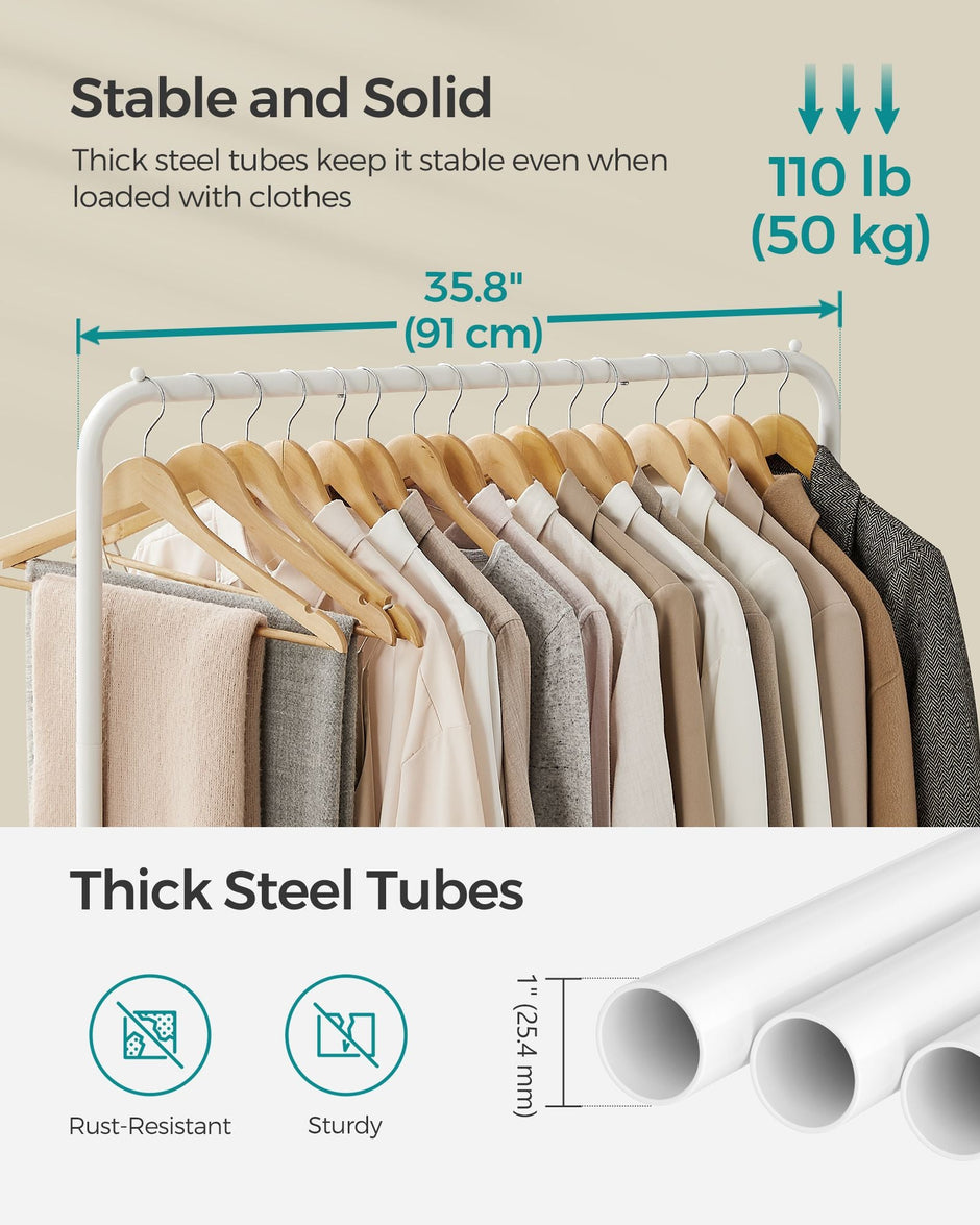 Double-Rod Clothes Rail – Metal – White – Mobile with Storage Shelf and Lockable Wheels